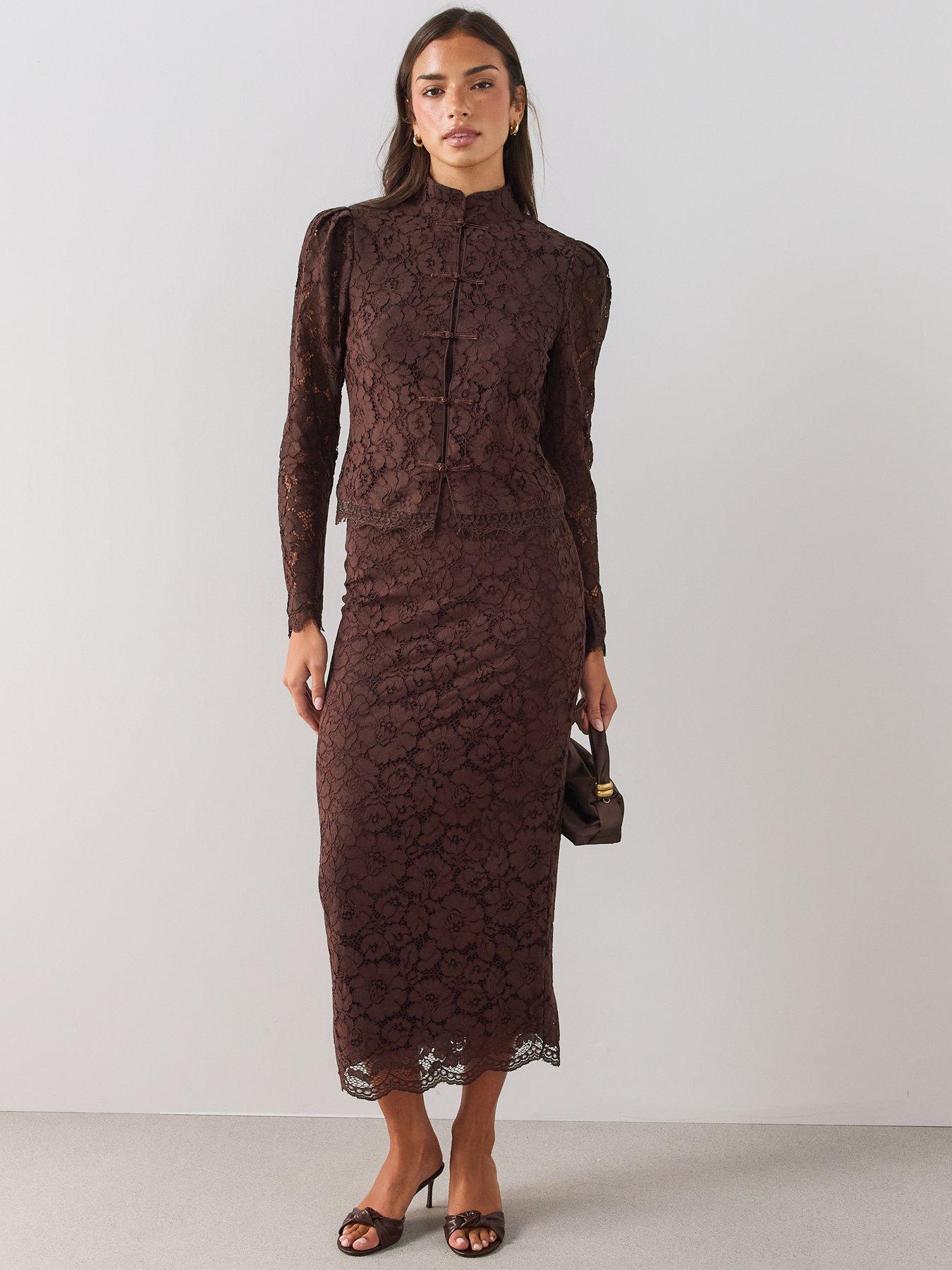 Image 3 of 7 of The Very Collection Womens Lace Mandarin Button-Through Blouse - Brown