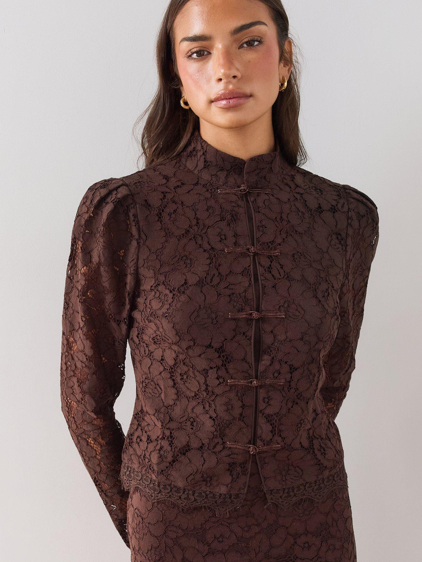 Image 5 of 7 of The Very Collection Womens Lace Mandarin Button-Through Blouse - Brown