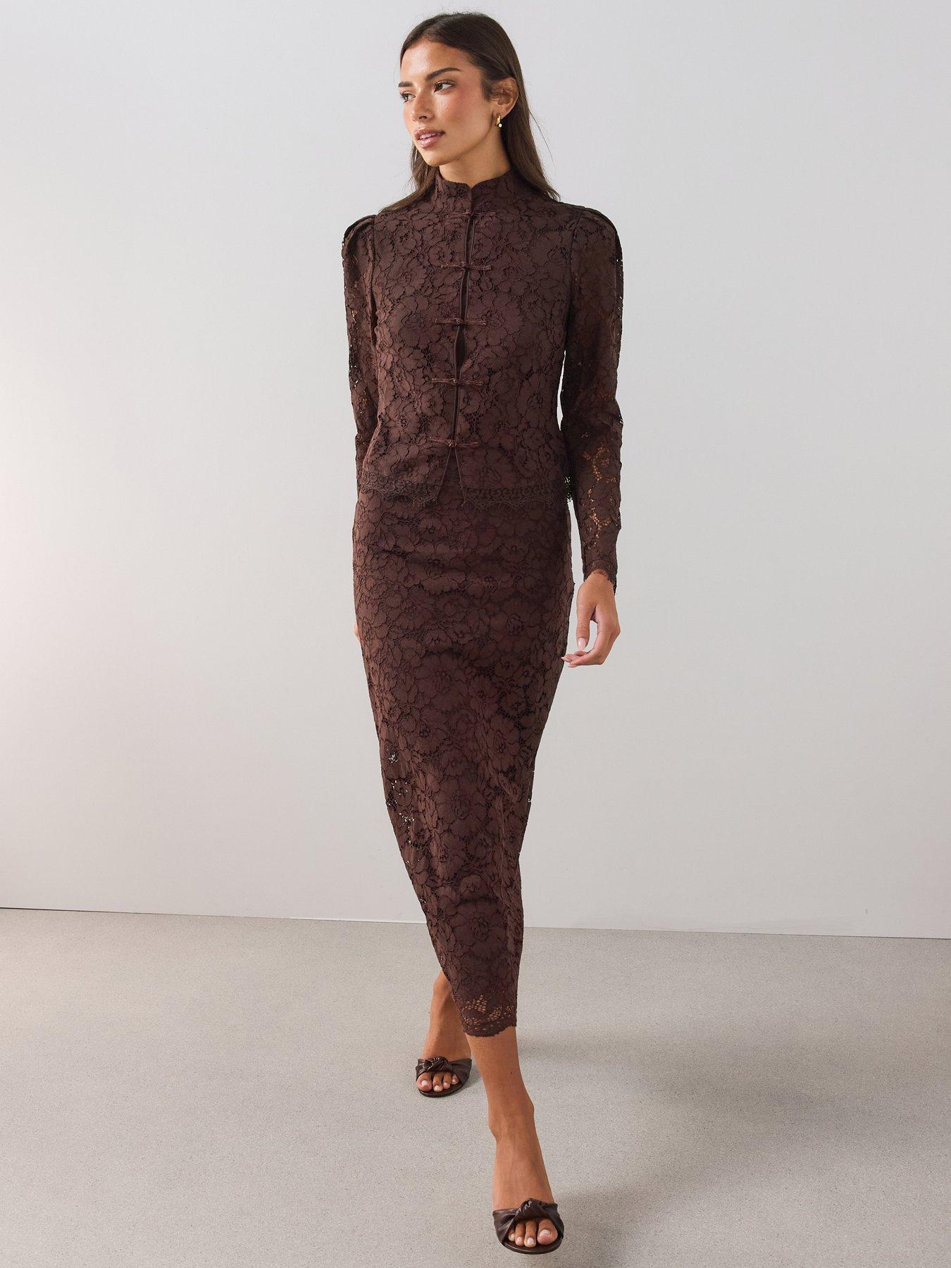 Image 1 of 7 of The Very Collection Womens Lace Scallop Hem Midi Skirt - Brown