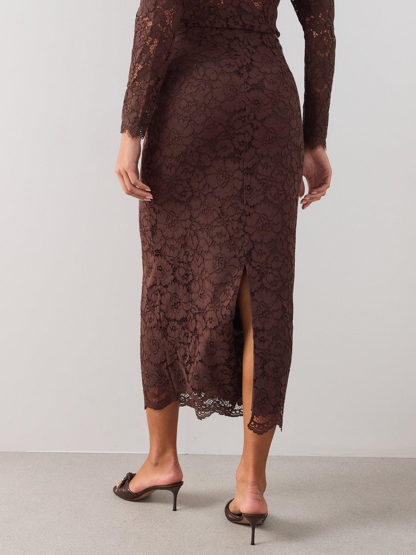 Image 2 of 7 of The Very Collection Womens Lace Scallop Hem Midi Skirt - Brown