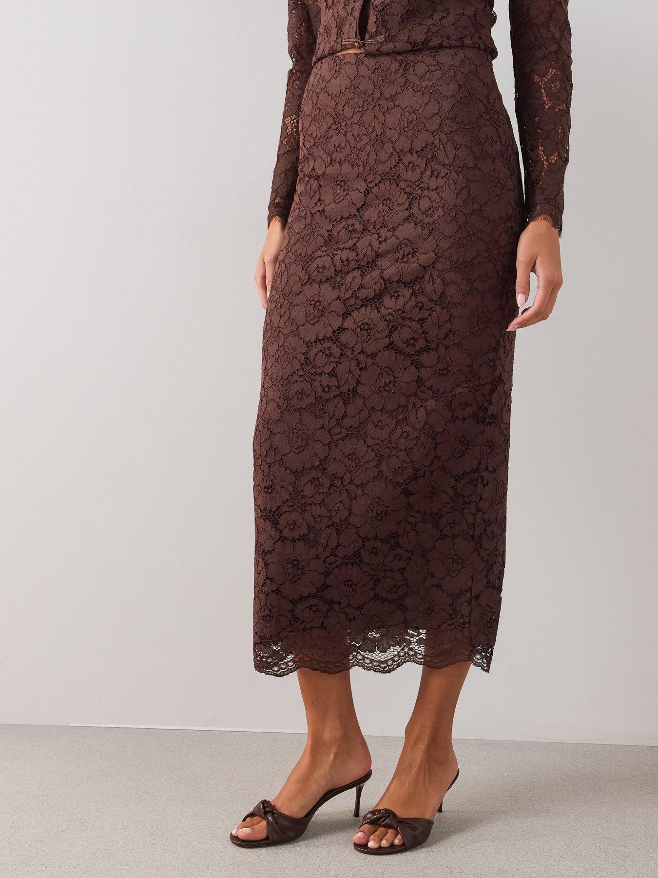 Image 4 of 7 of The Very Collection Womens Lace Scallop Hem Midi Skirt - Brown