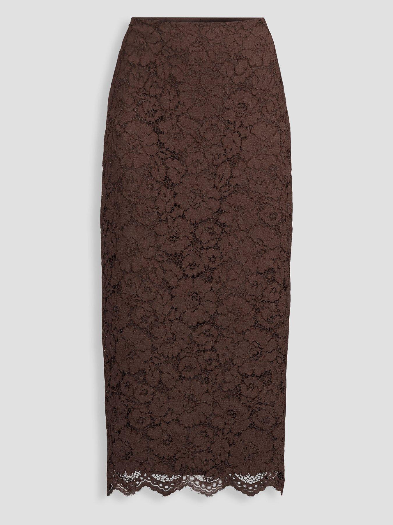 Image 7 of 7 of The Very Collection Womens Lace Scallop Hem Midi Skirt - Brown