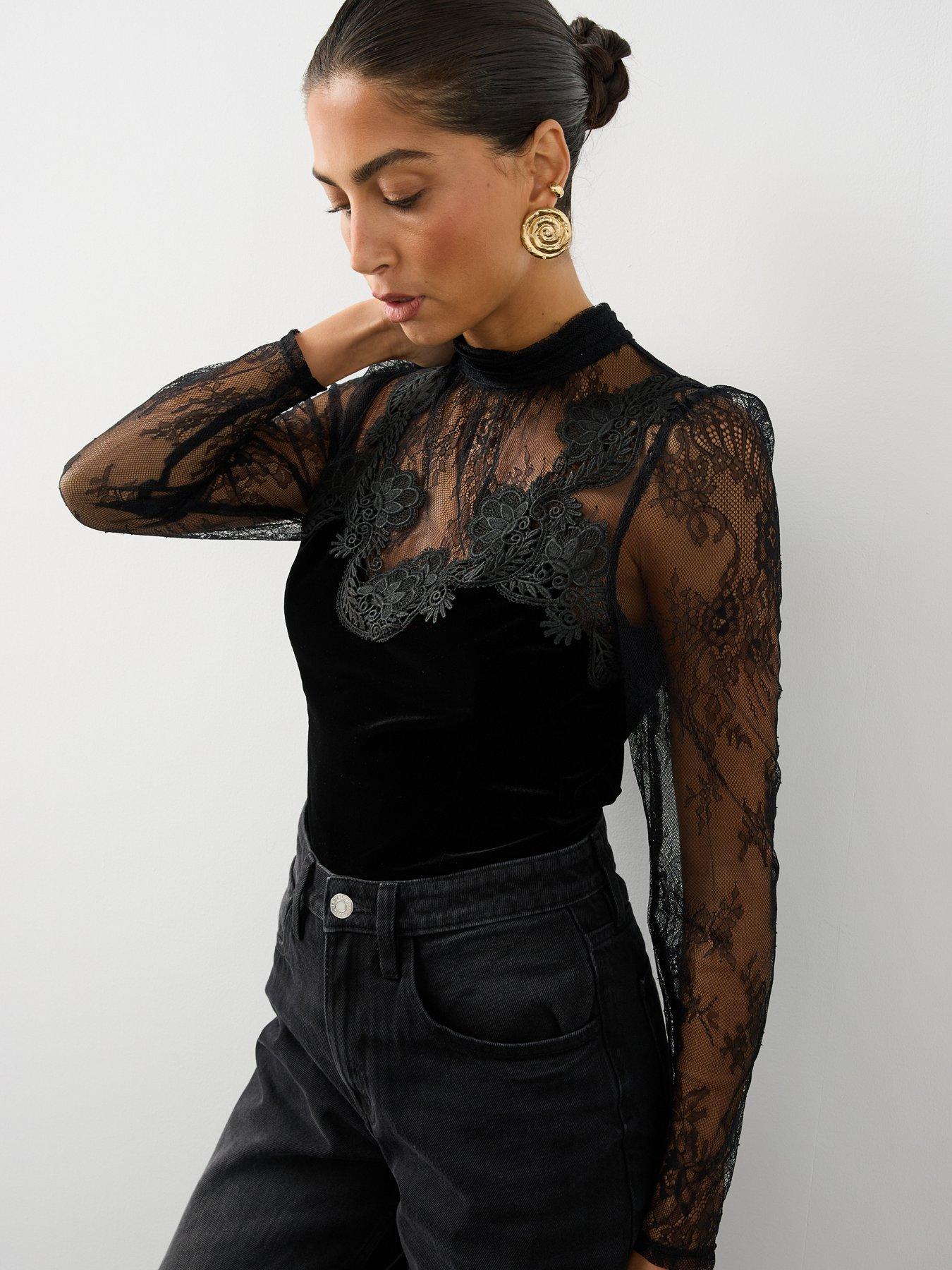 Image 1 of 7 of The Very Collection Womens Lace Detail Stretch Velvet Blouse - Black