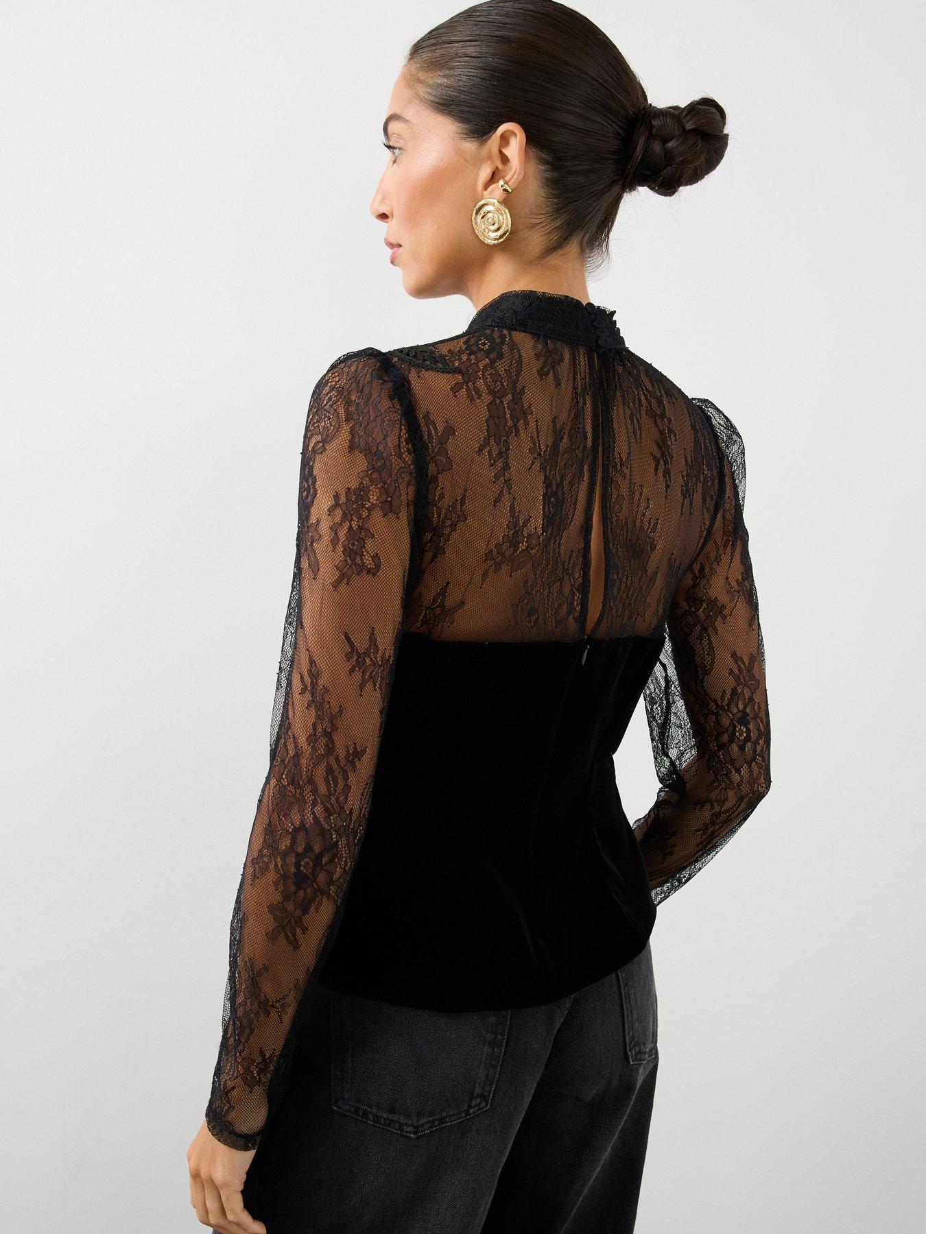 Image 2 of 7 of The Very Collection Womens Lace Detail Stretch Velvet Blouse - Black