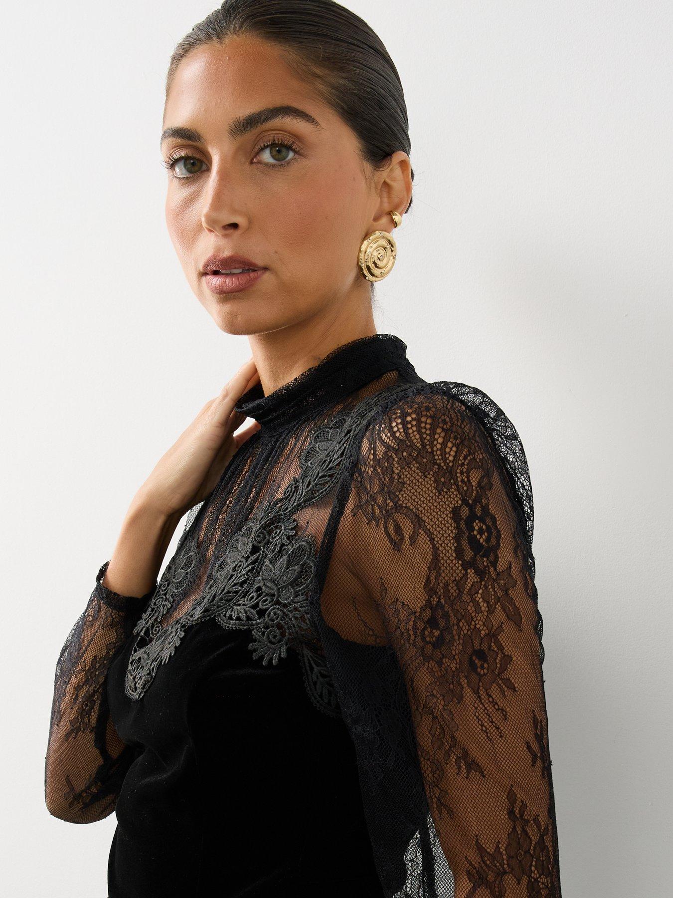 Image 4 of 7 of The Very Collection Womens Lace Detail Stretch Velvet Blouse - Black