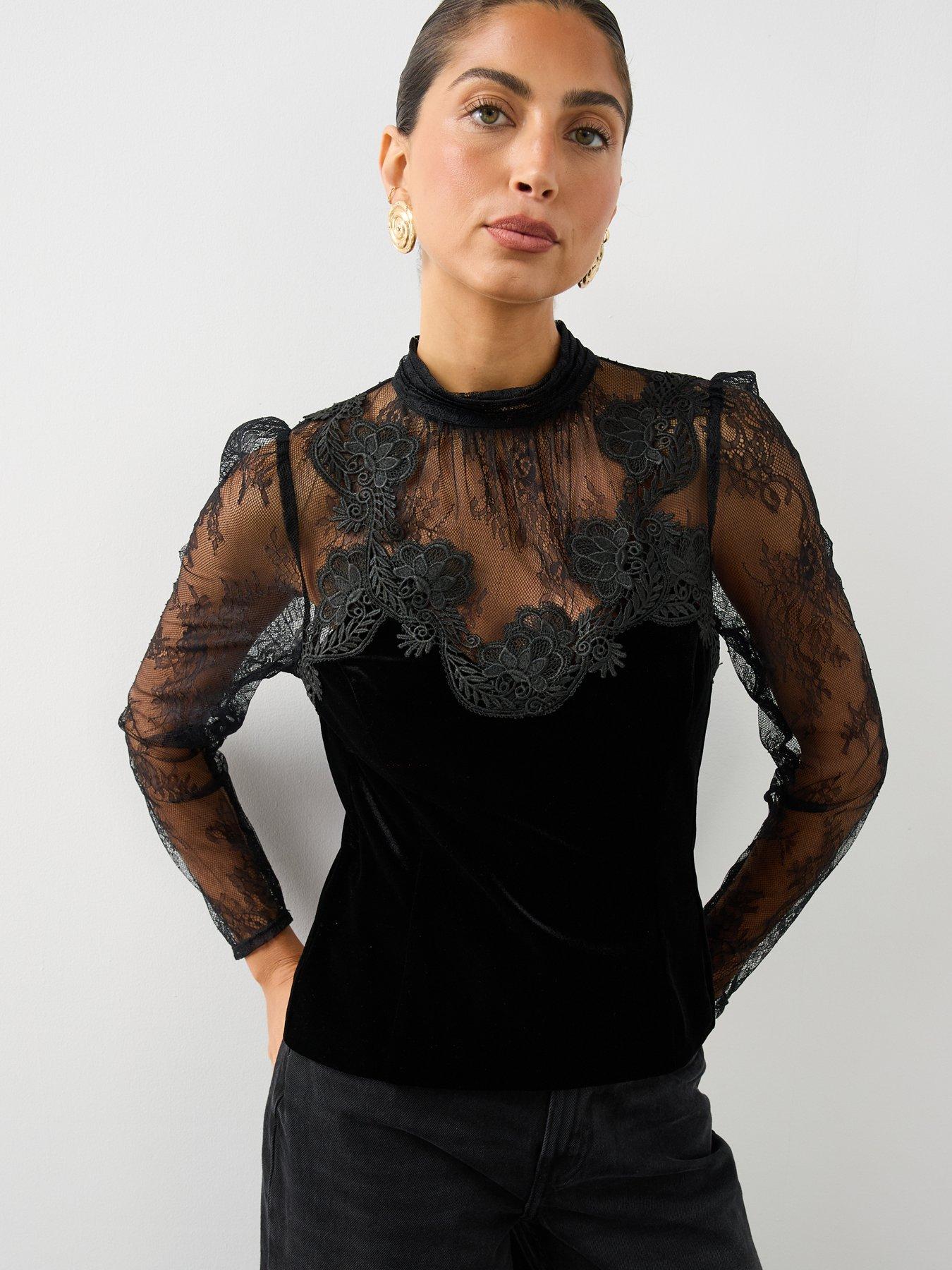 Image 5 of 7 of The Very Collection Womens Lace Detail Stretch Velvet Blouse - Black