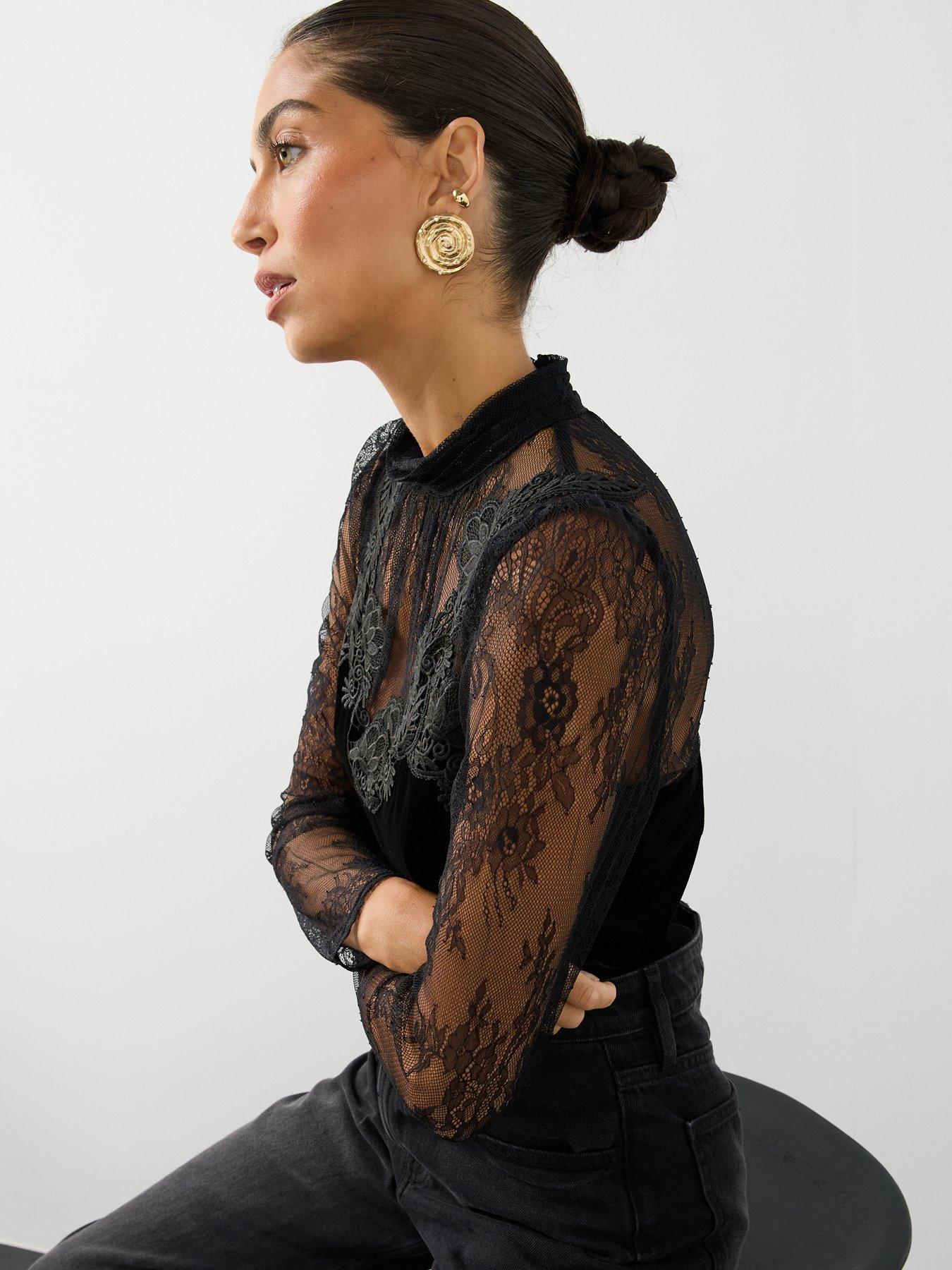 Image 6 of 7 of The Very Collection Womens Lace Detail Stretch Velvet Blouse - Black