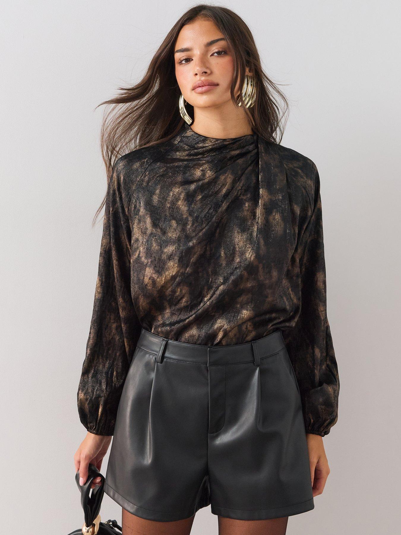 Image 1 of 7 of The Very Collection Womens Printed Satin Drape Long Sleeve Blouse - Black