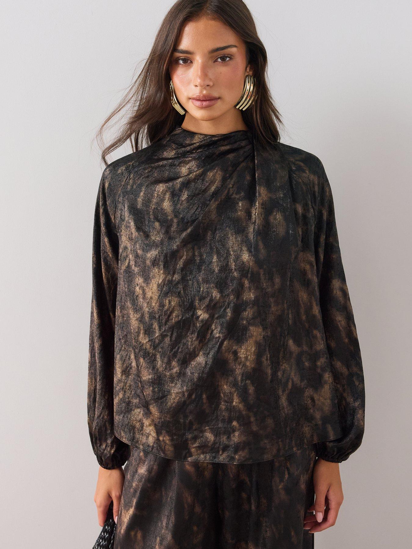 Image 5 of 7 of The Very Collection Womens Printed Satin Drape Long Sleeve Blouse - Black