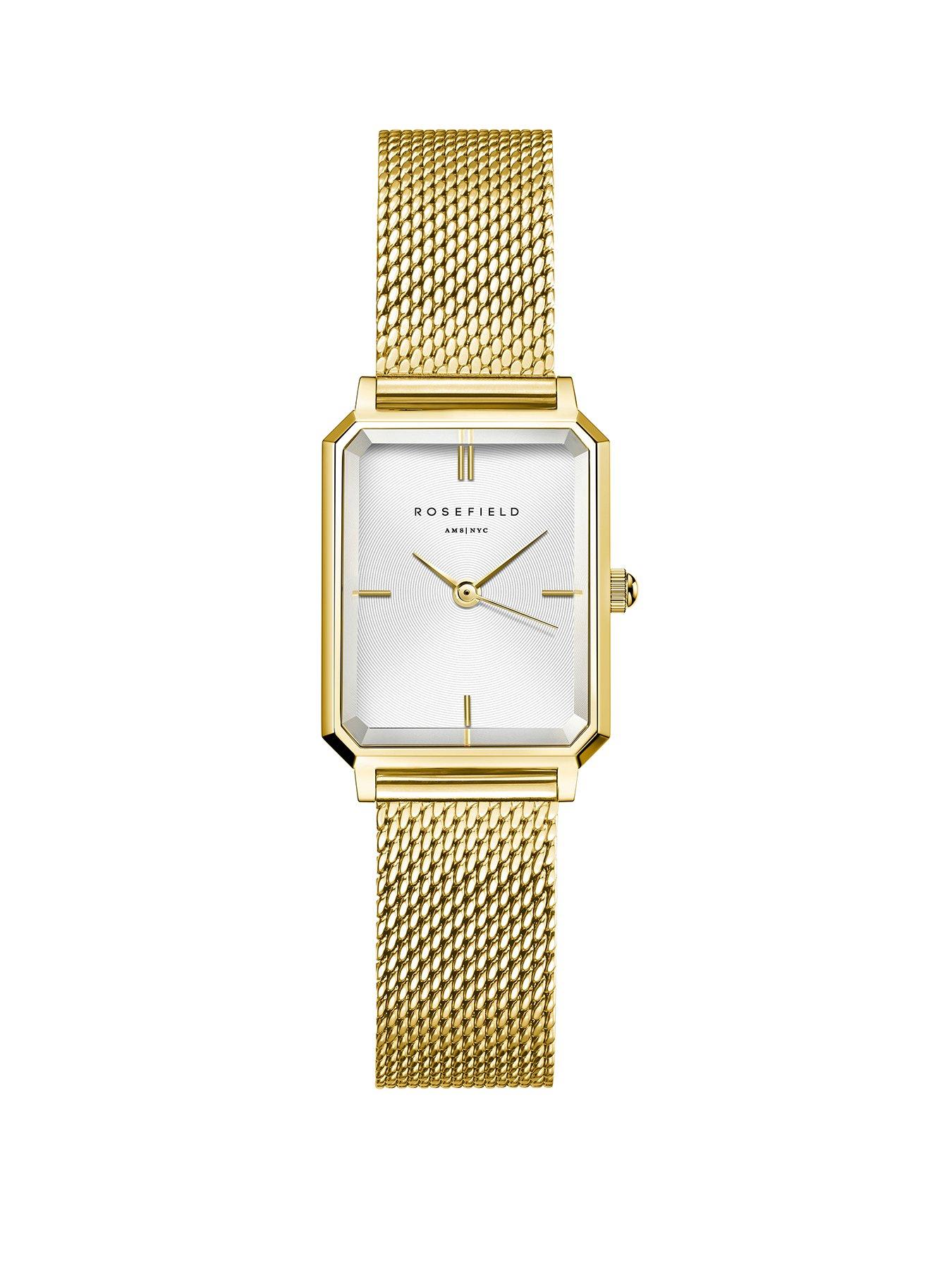 Rosefield Octagon Xs White Dial Gold Case And Mesh Bracelet