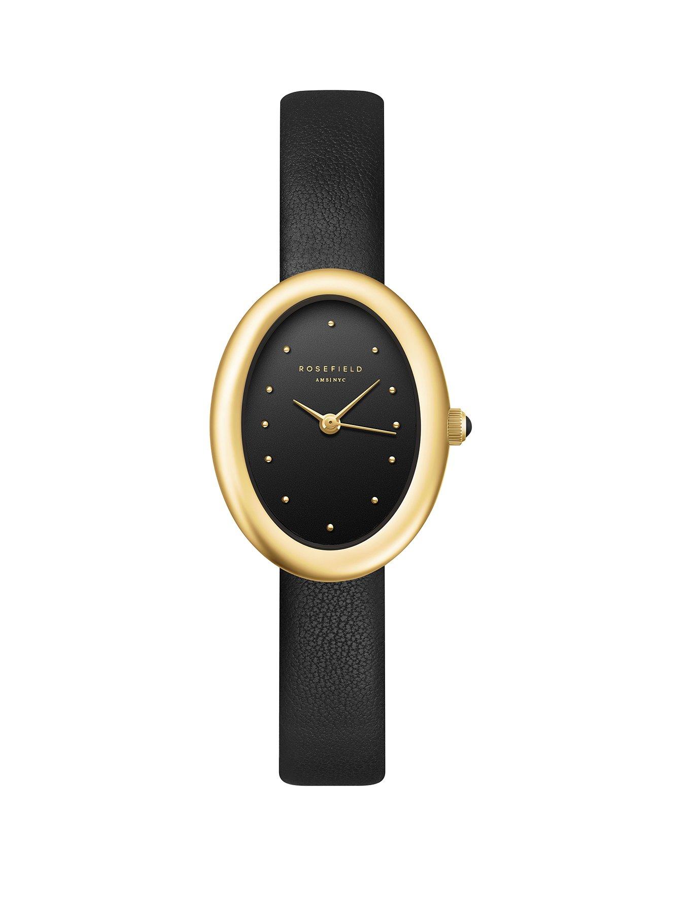 Image 1 of 6 of Rosefield OVALE Gold Case Black Dial Black Leather Strap