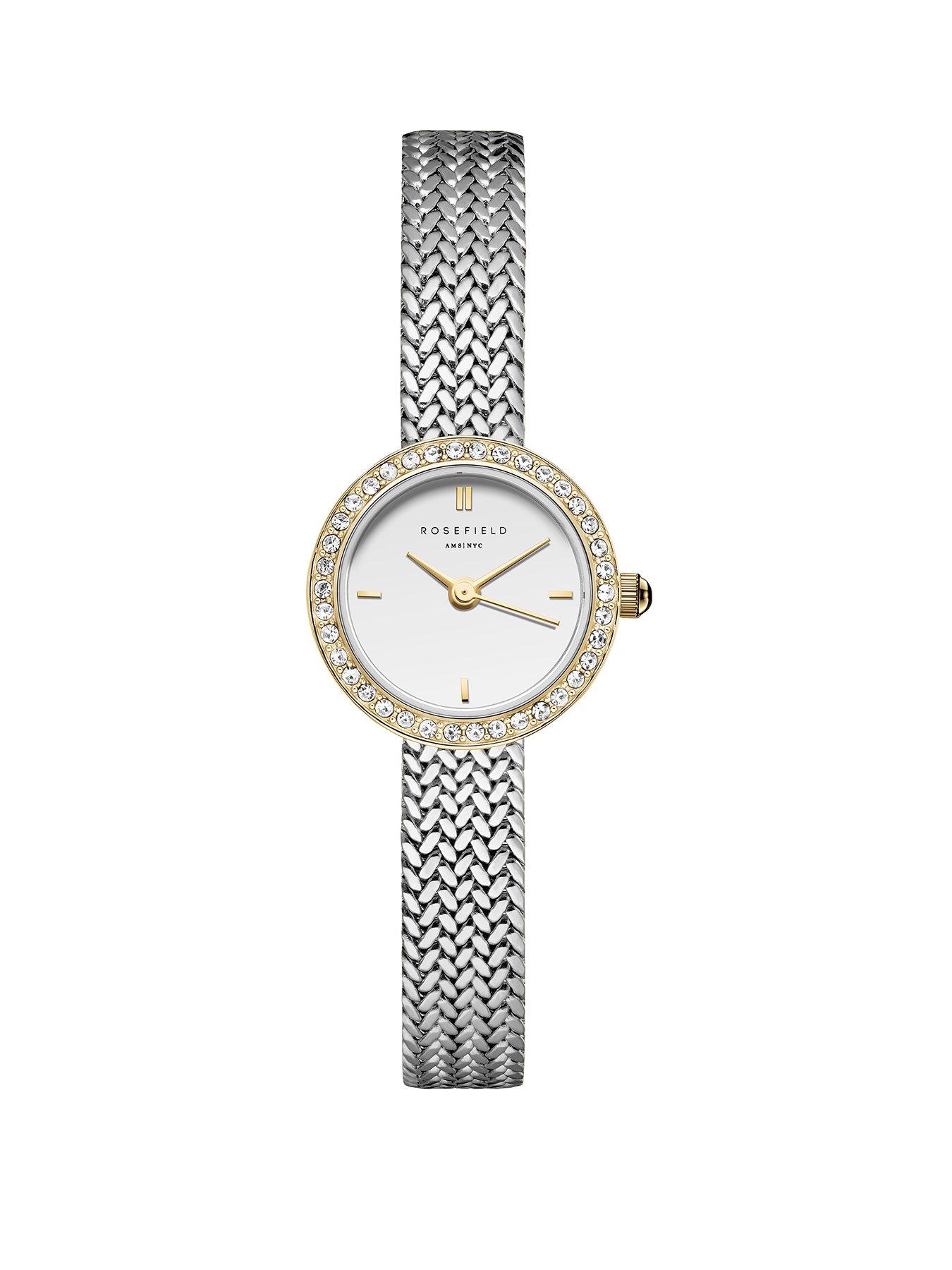 Image 1 of 5 of Rosefield MINI Round Silver Dial Steel Mesh Stone set Bezel