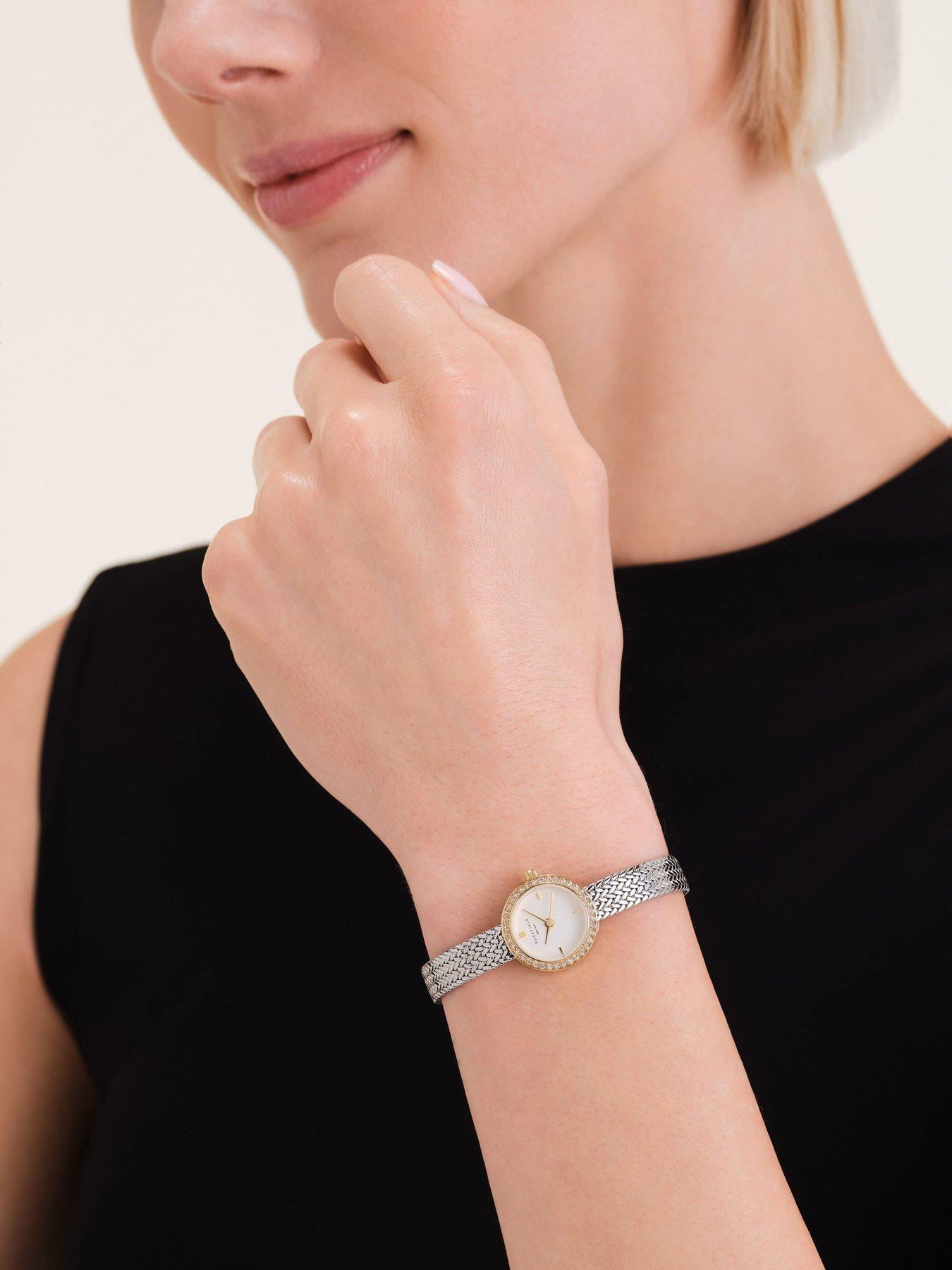 Image 5 of 5 of Rosefield MINI Round Silver Dial Steel Mesh Stone set Bezel