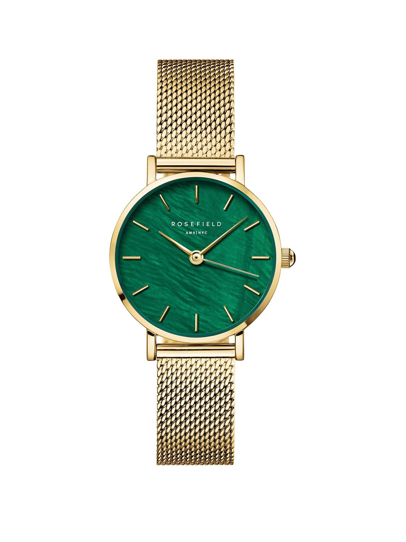 Rosefield SMALL EDIT Green MOP Dial Gold case and Mesh Bracelet