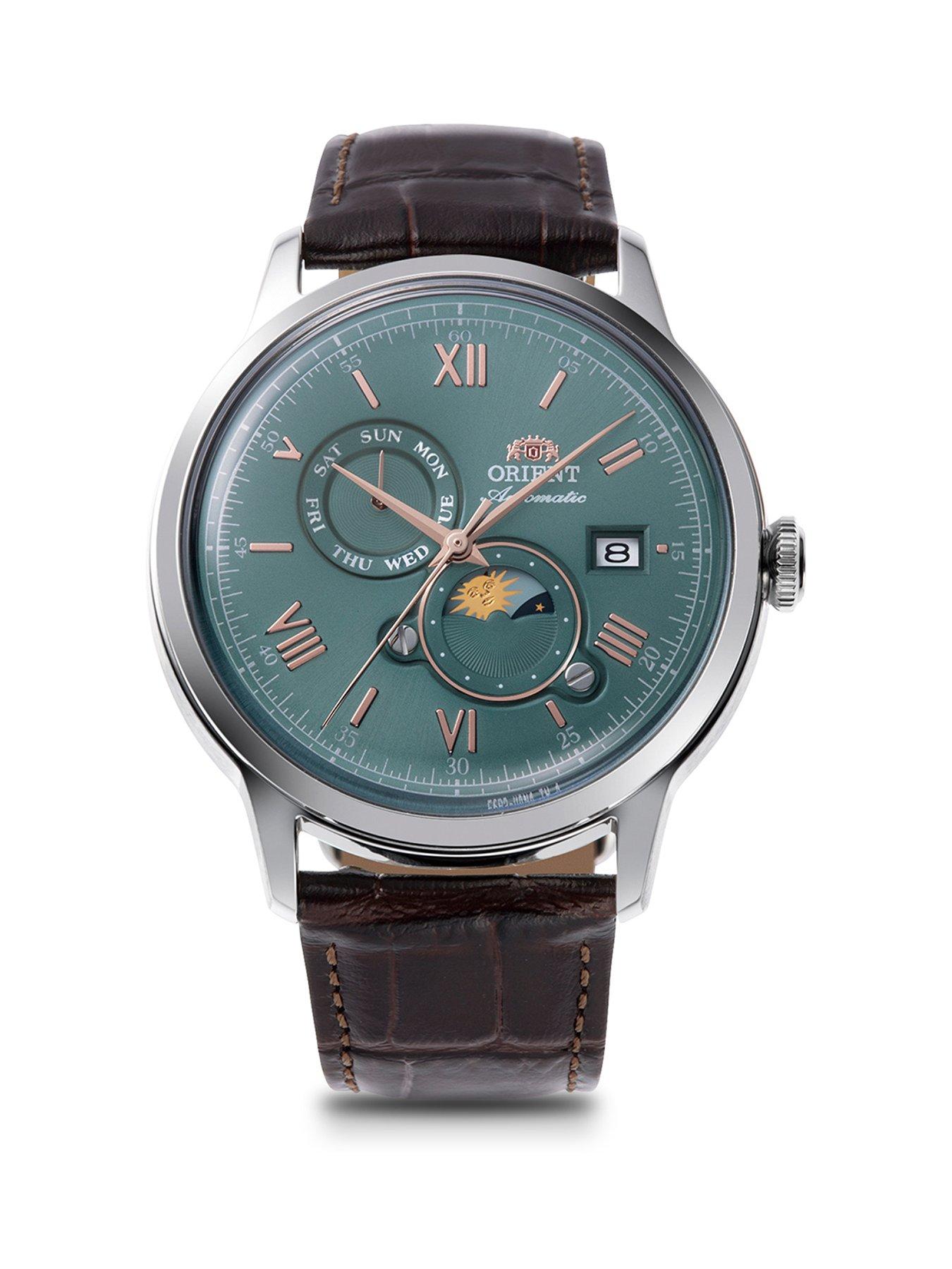 Image 1 of 4 of Orient Bambino Sun and Moon Green Dial Roman Brown Leather Strap