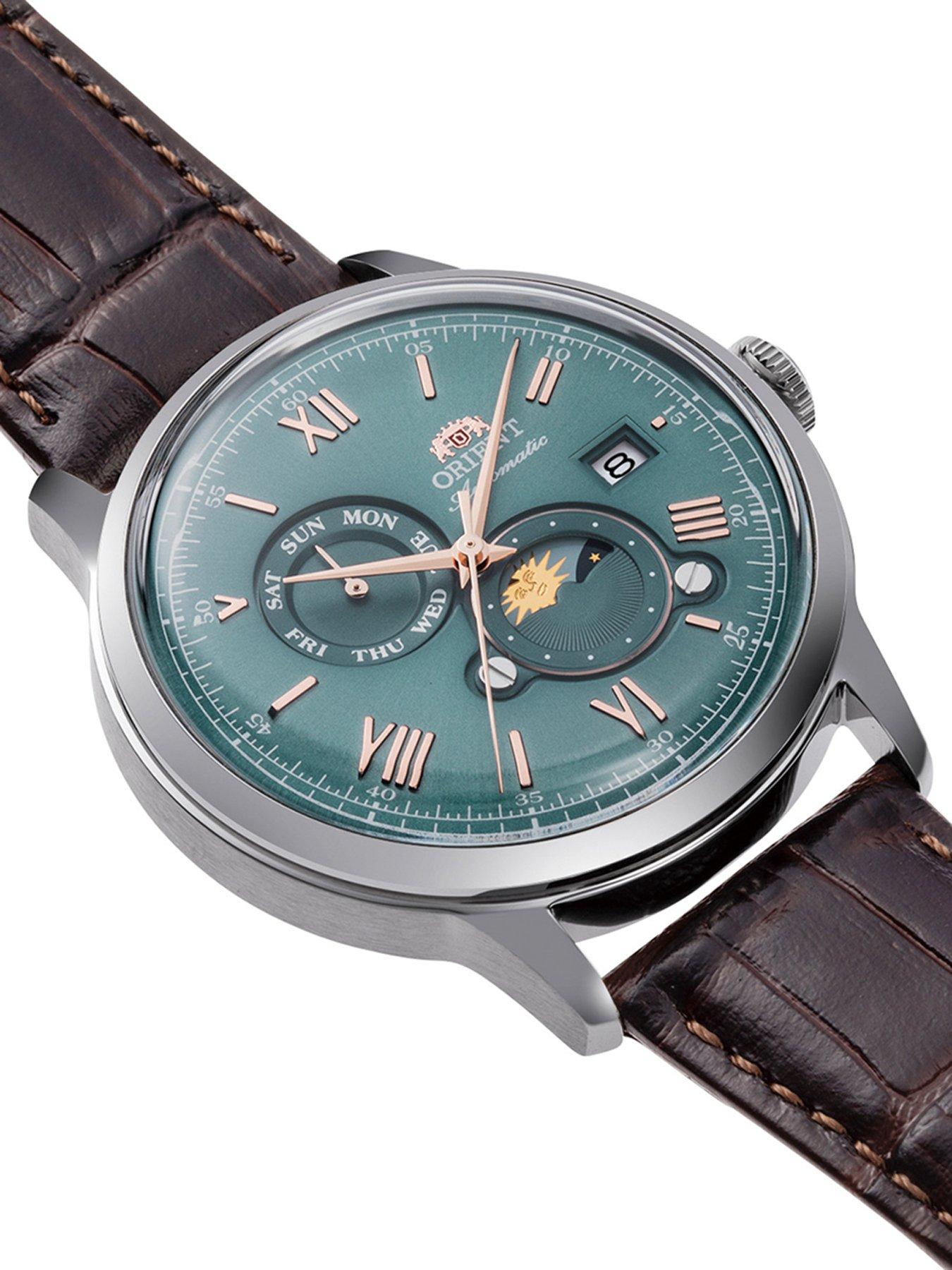 Image 2 of 4 of Orient Bambino Sun and Moon Green Dial Roman Brown Leather Strap