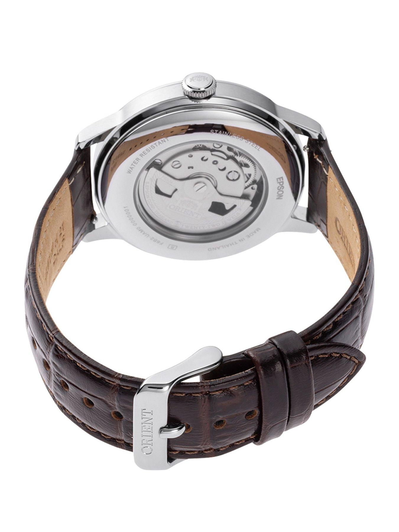 Image 3 of 4 of Orient Bambino Sun and Moon Green Dial Roman Brown Leather Strap