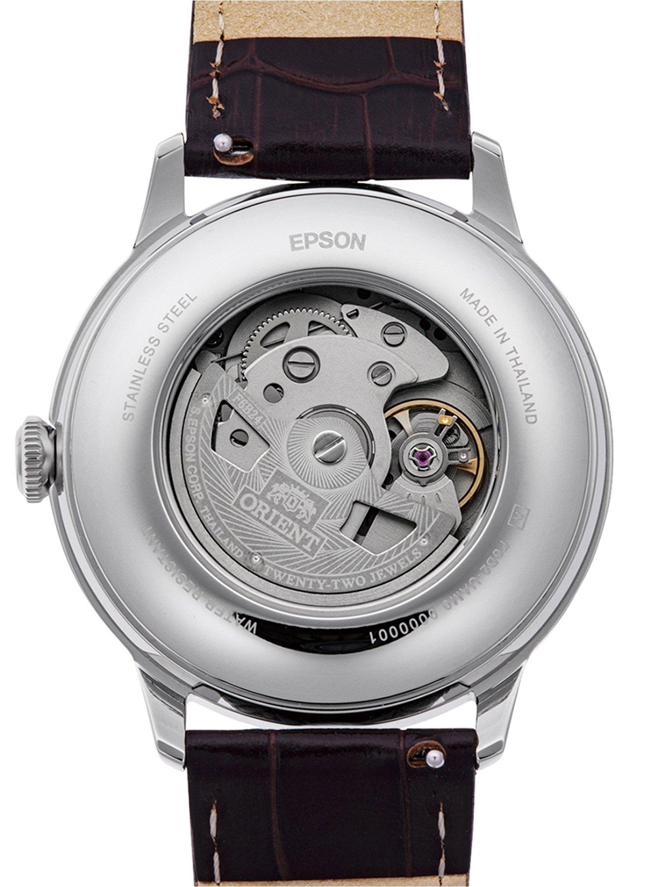 Image 4 of 4 of Orient Bambino Sun and Moon Green Dial Roman Brown Leather Strap