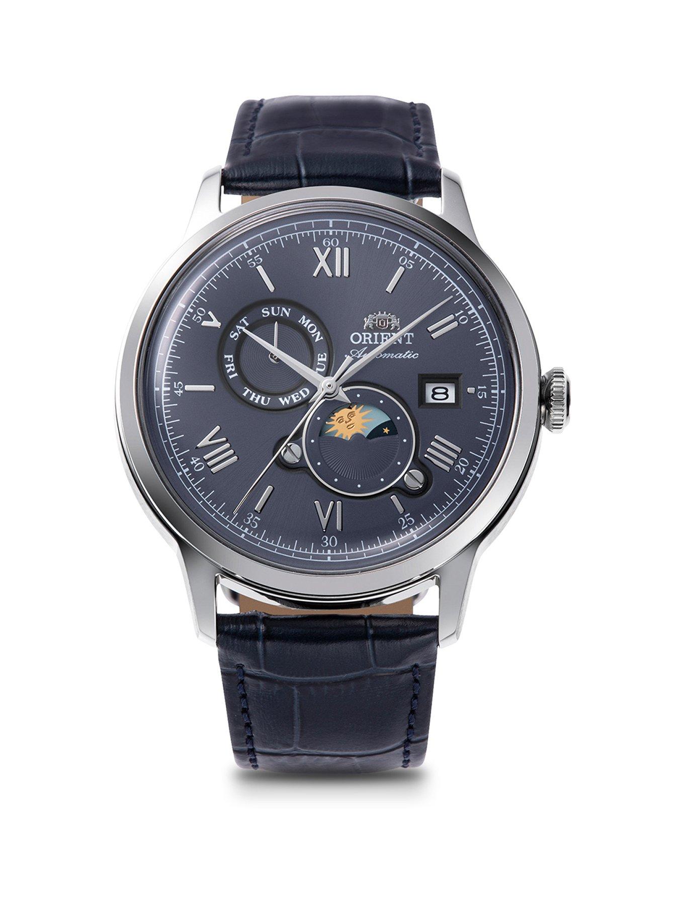 Image 1 of 4 of Orient Bambino Sun and Moon Black Dial Roman Black Leather Strap