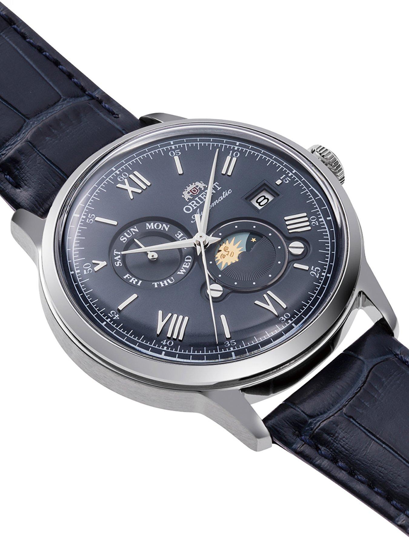 Image 2 of 4 of Orient Bambino Sun and Moon Black Dial Roman Black Leather Strap