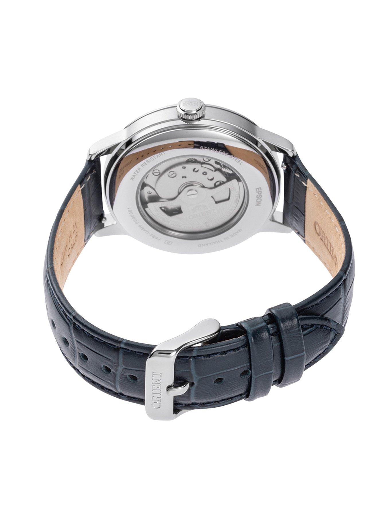 Image 3 of 4 of Orient Bambino Sun and Moon Black Dial Roman Black Leather Strap