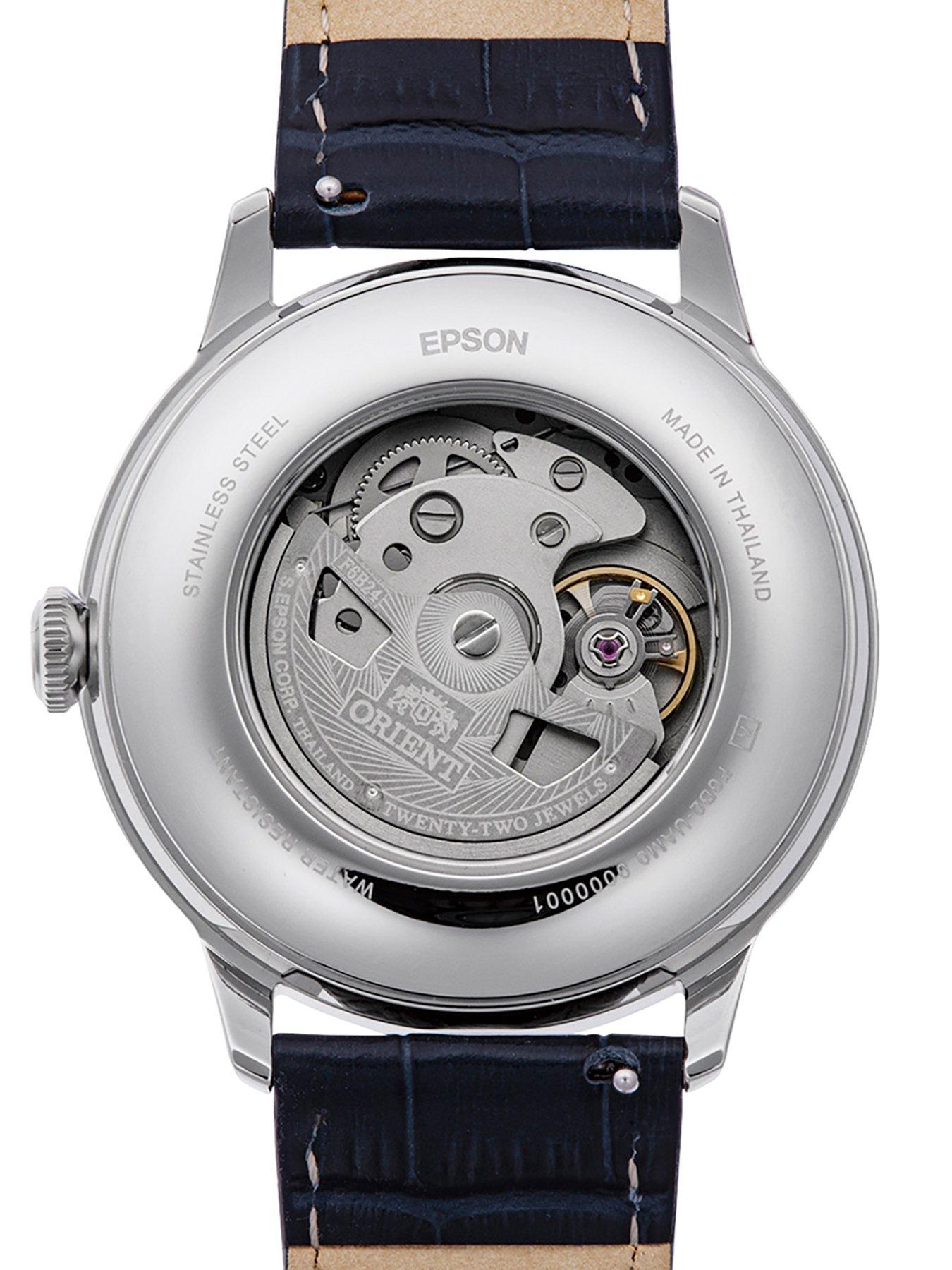 Image 4 of 4 of Orient Bambino Sun and Moon Black Dial Roman Black Leather Strap