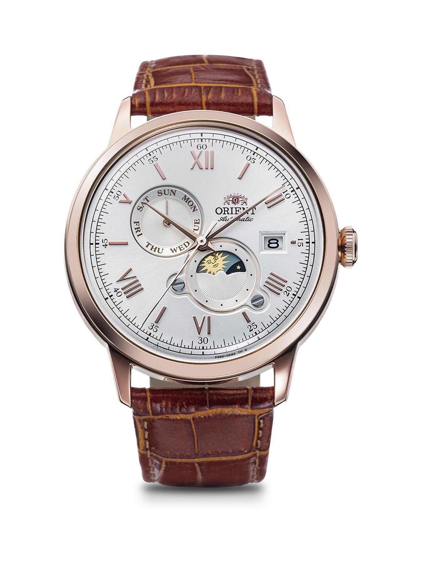 Orient Bambino Sun and Moon White Dial Roman Tan Leather Strap Rose Gold Case