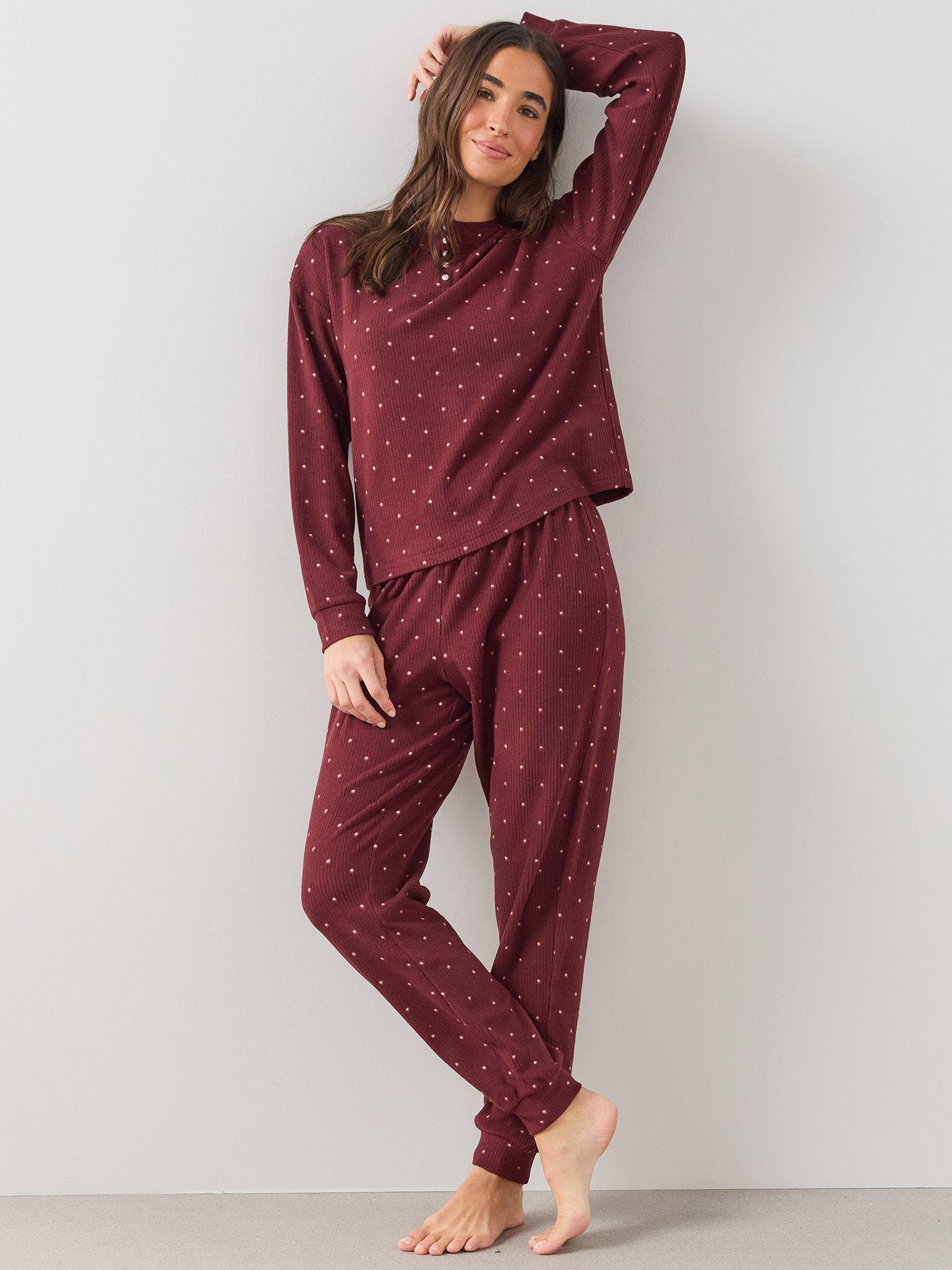 Image 1 of 6 of The Very Collection Henley Polka Dot Pyjama Set - Burgundy