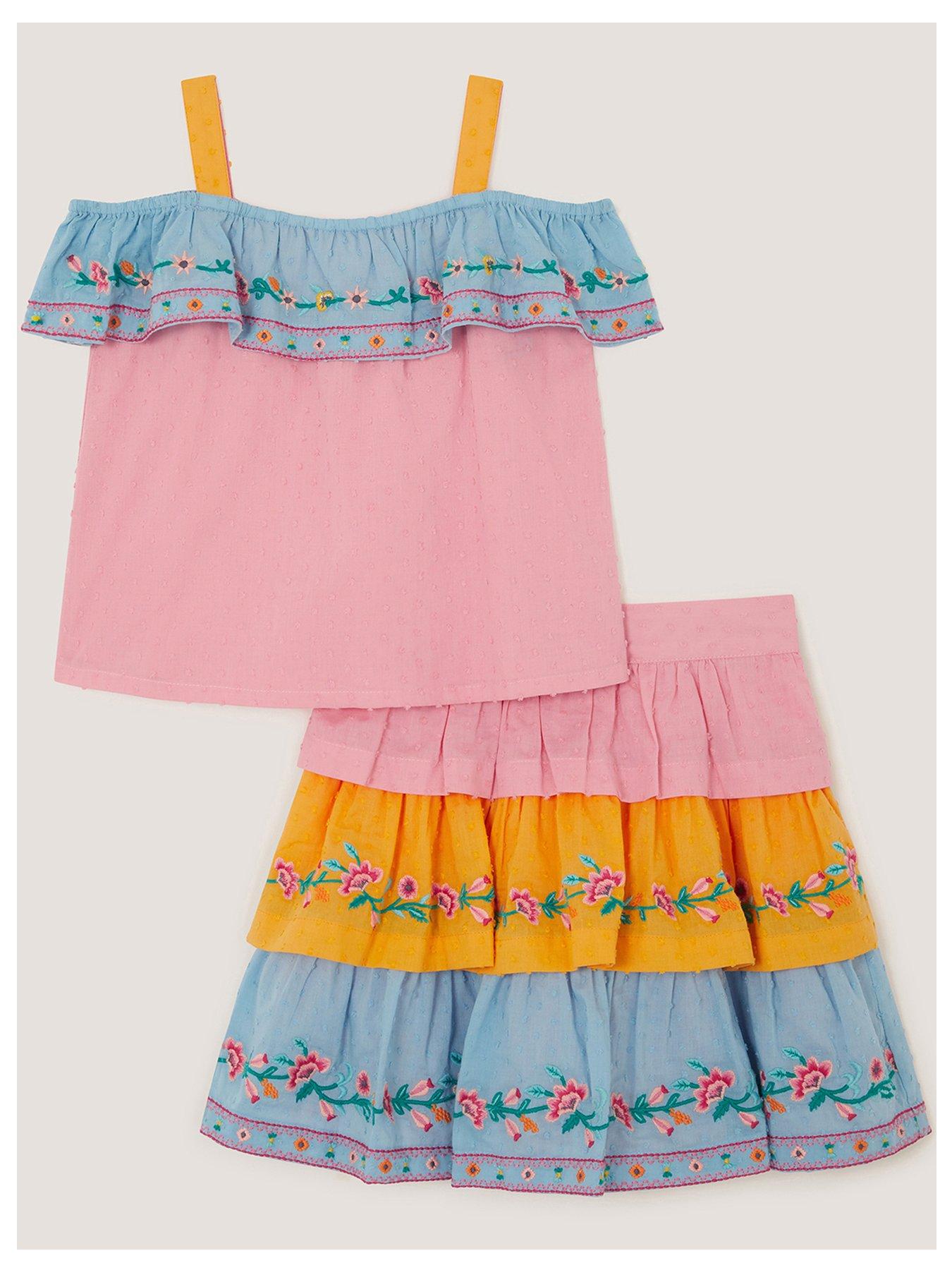 Monsoon Girls Colourblock Embroidered Tiered Top & Skirt Set, Multi, Size Age: 12-13 Years