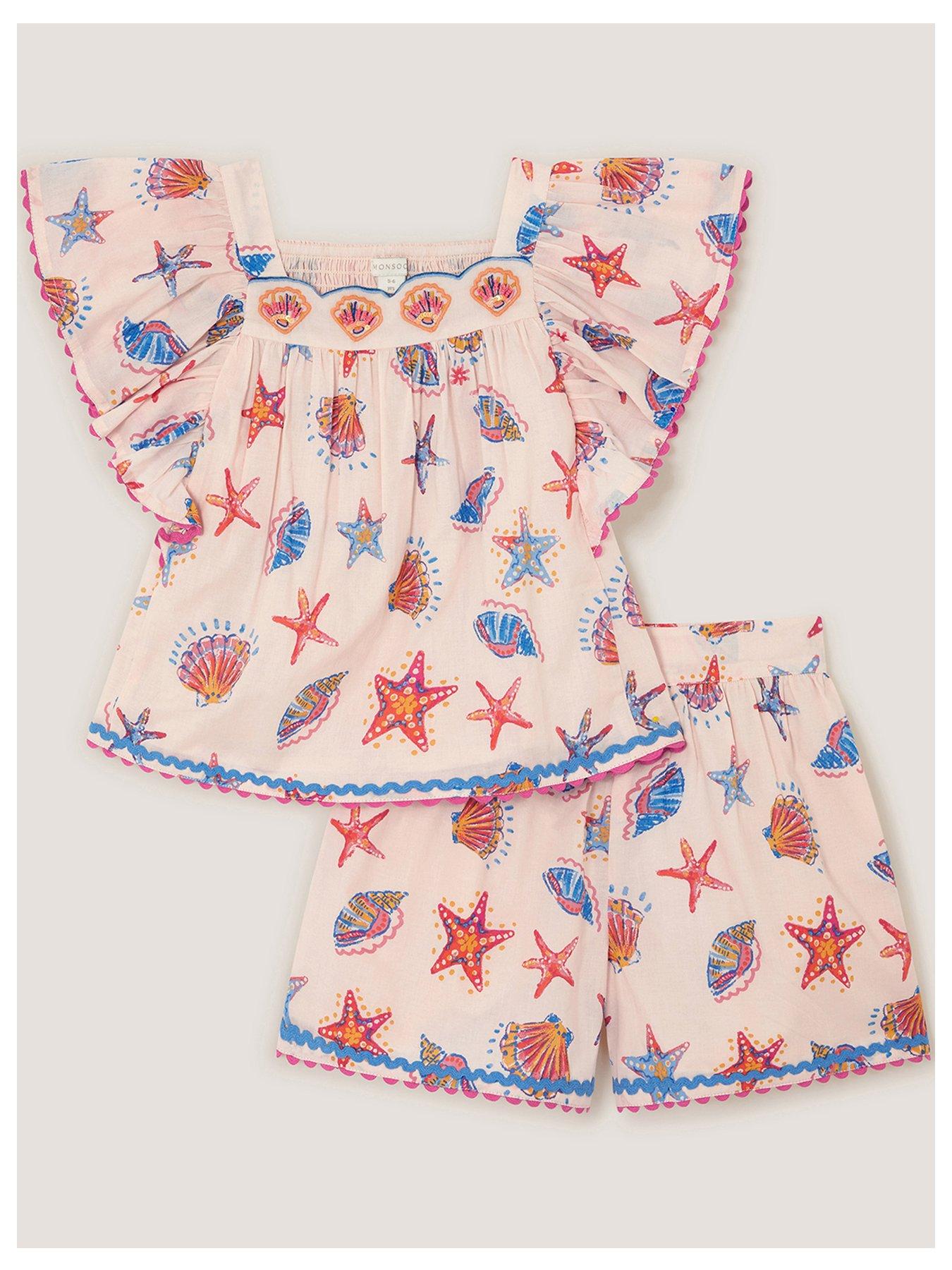 Image 1 of 4 of Monsoon Girls Shell Printed Blouse & Short Set - Light Cream