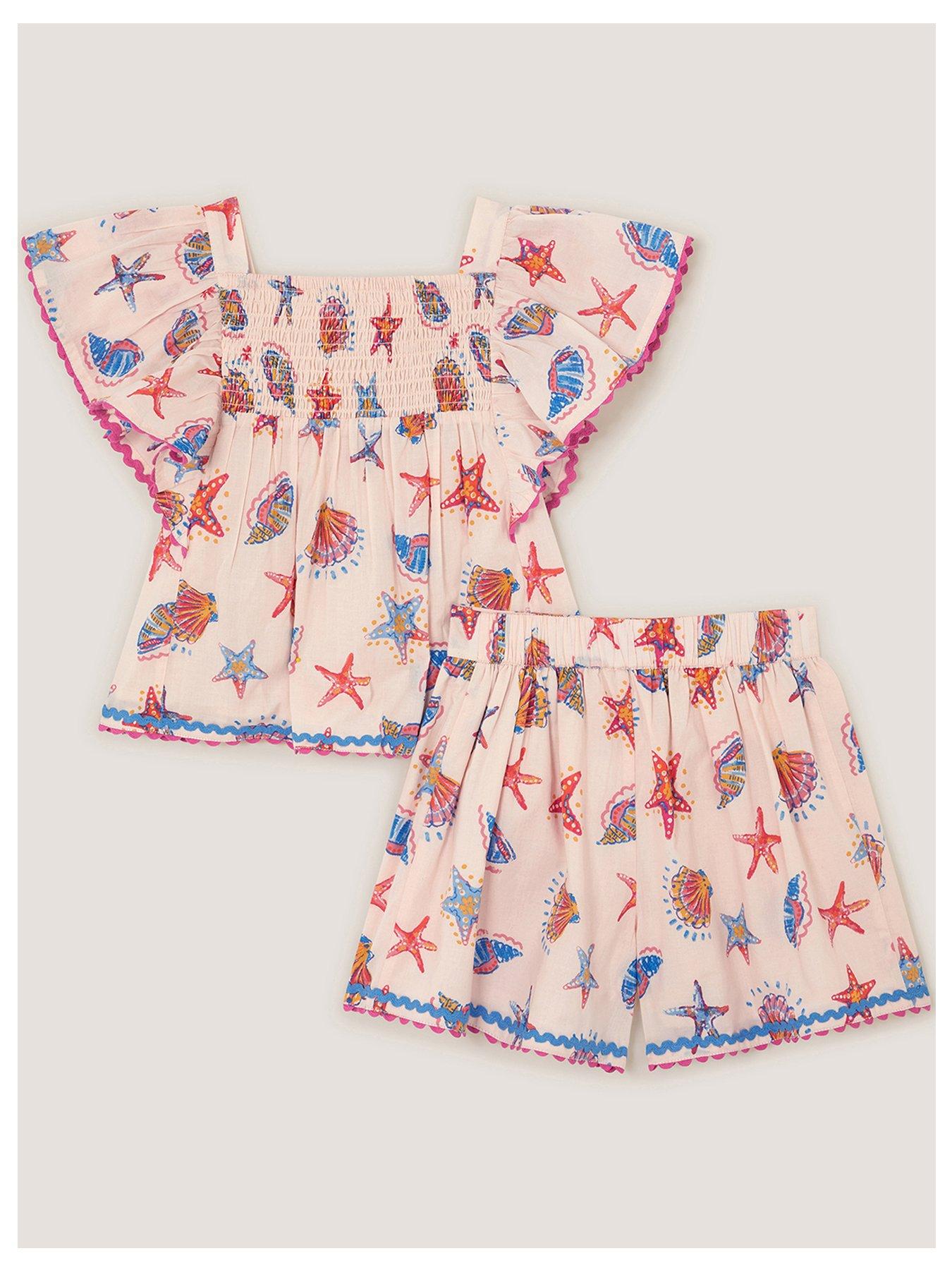 Image 2 of 4 of Monsoon Girls Shell Printed Blouse & Short Set - Light Cream