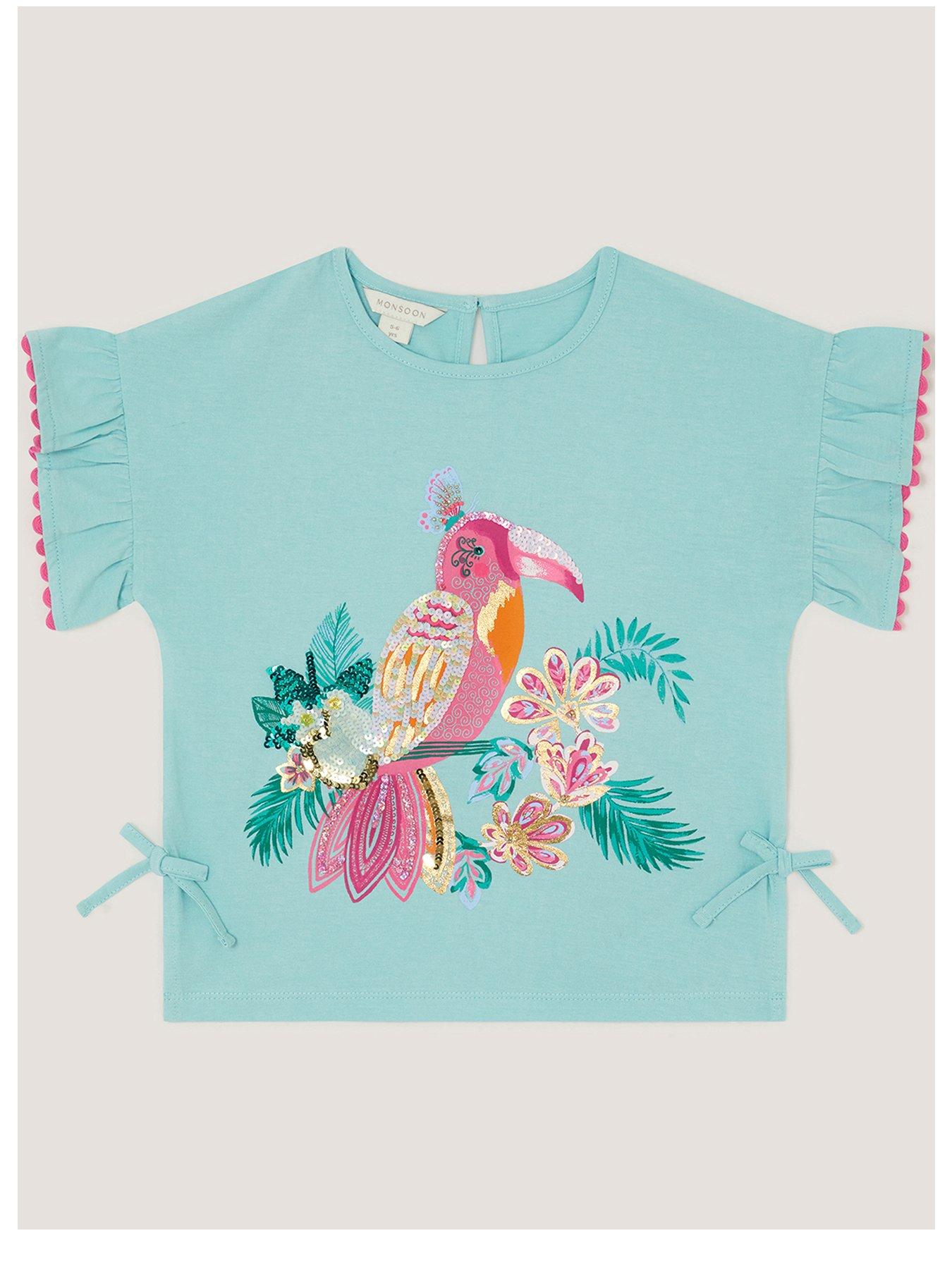 Image 1 of 3 of Monsoon Girls Tina Tropical Toucan Sequin Tshirt - Green