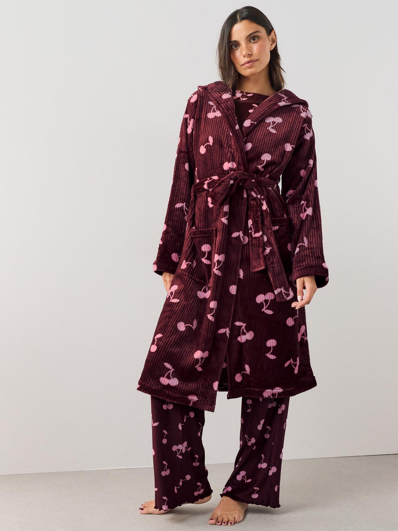 The Very Collection Soft Touch Rib Cherry Print Dressing Gown - Burgundy