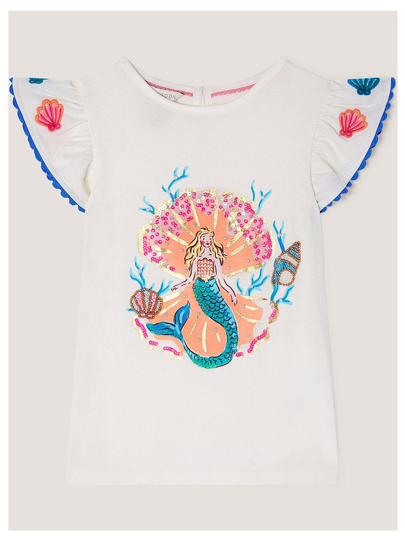 Monsoon Girls Short Sleeve Mermaid Beaded Tshirt - Light Cream