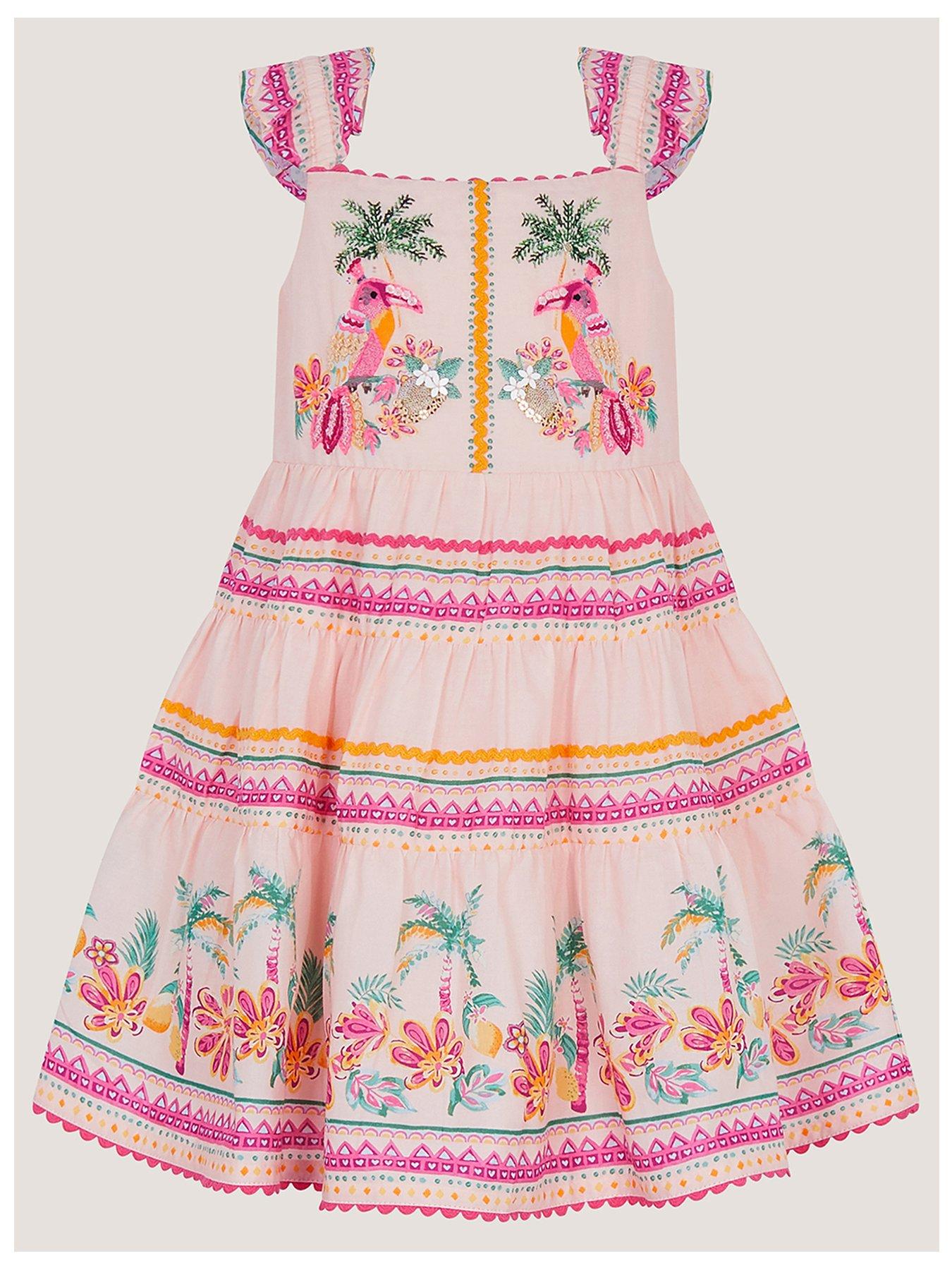 Image 1 of 3 of Monsoon Baby Girls Tina Tropical Toucan Dress - Pink