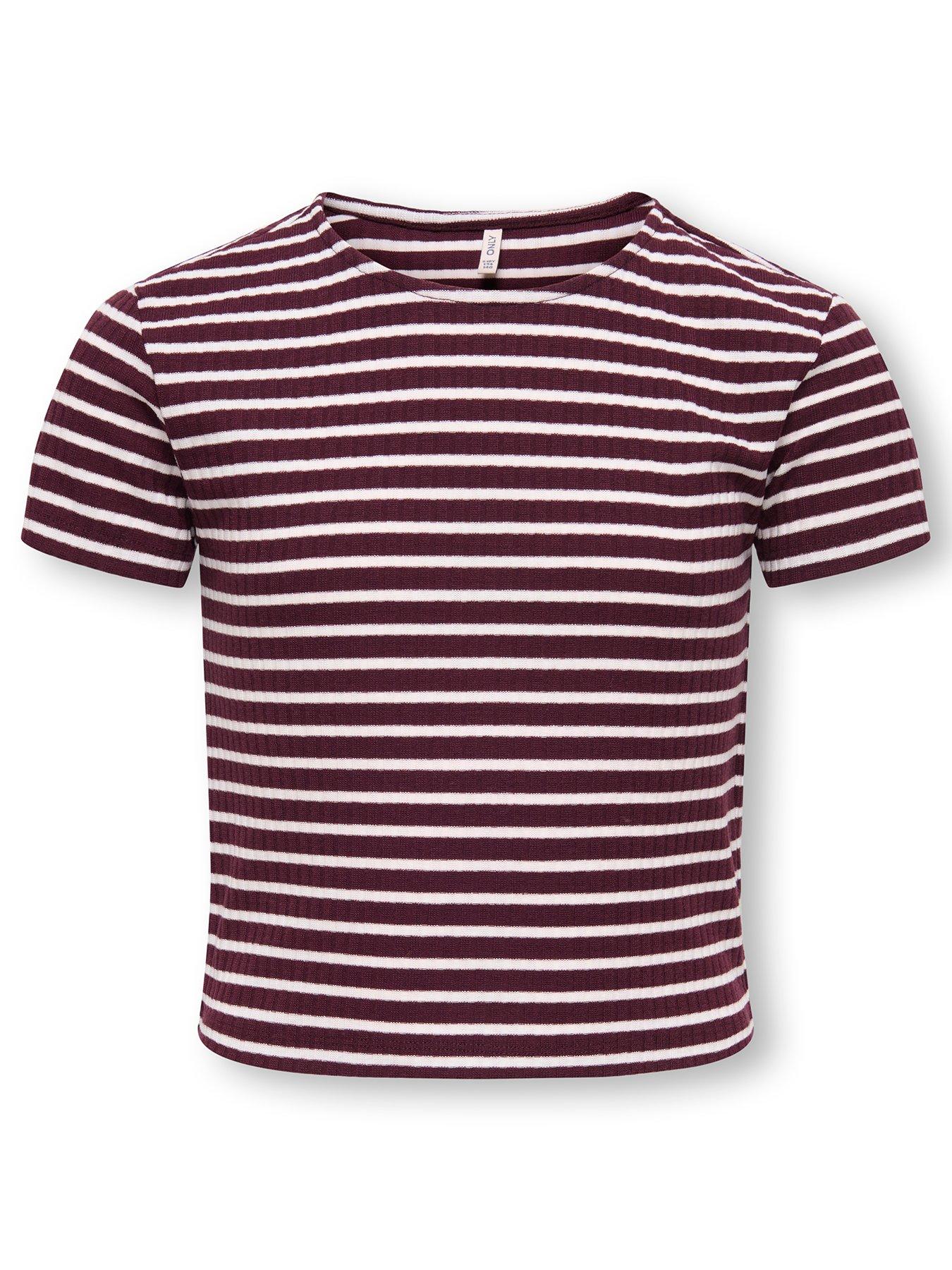 Image 1 of 3 of Only Kids Girls Ribbed Striped Short Sleeve Tshirt - Dark Red