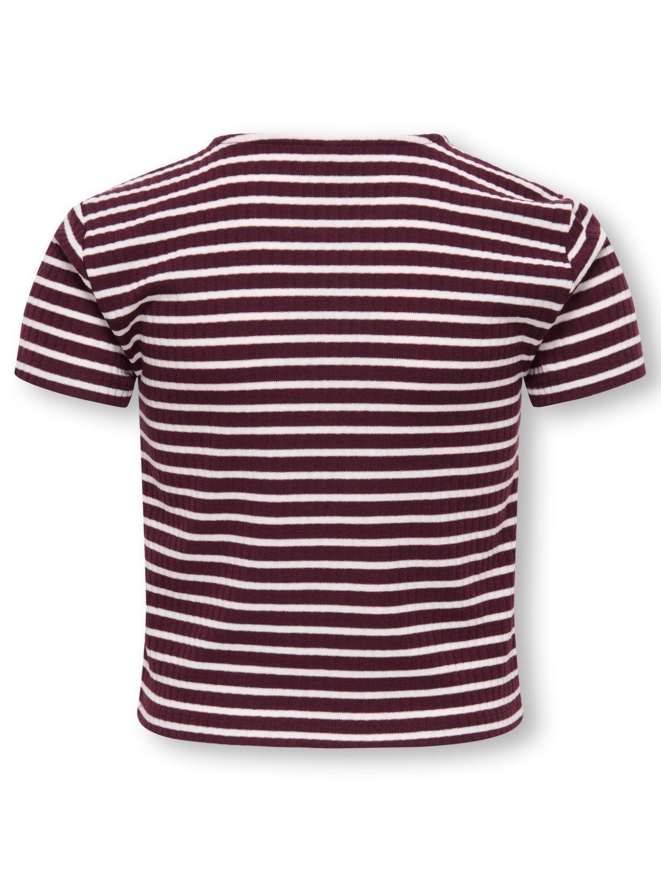 Image 2 of 3 of Only Kids Girls Ribbed Striped Short Sleeve Tshirt - Dark Red