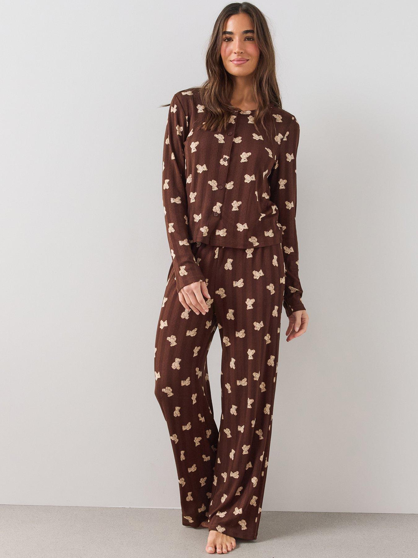 Image 1 of 7 of The Very Collection Pointelle Printed Pyjama Set - Brown