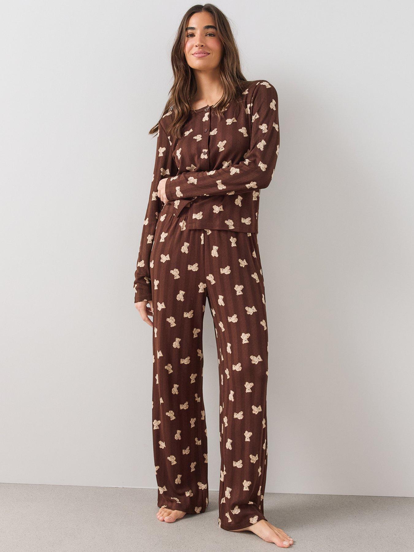 Image 3 of 7 of The Very Collection Pointelle Printed Pyjama Set - Brown