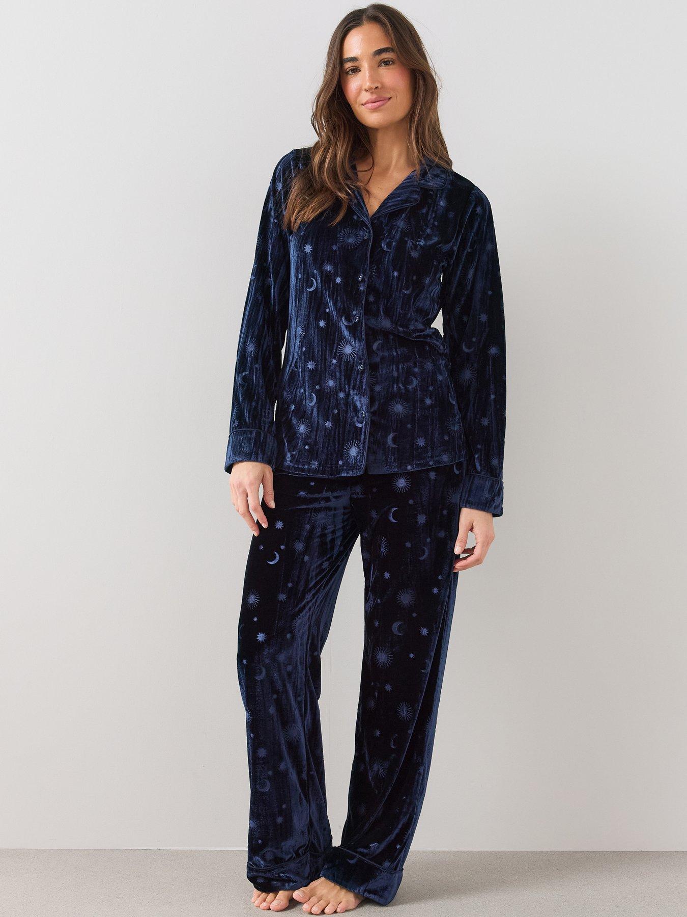 Image 1 of 6 of The Very Collection Velvet Revere Printed Pyjama Set - Navy