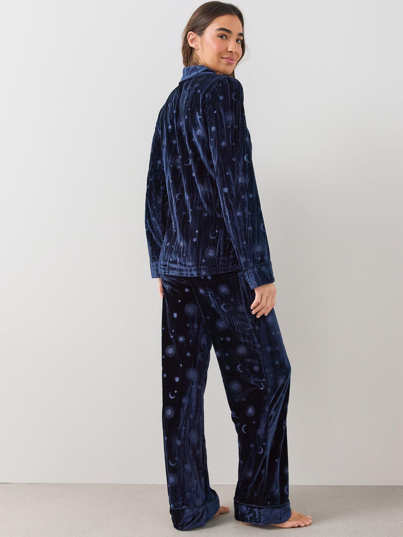 Image 2 of 6 of The Very Collection Velvet Revere Printed Pyjama Set - Navy