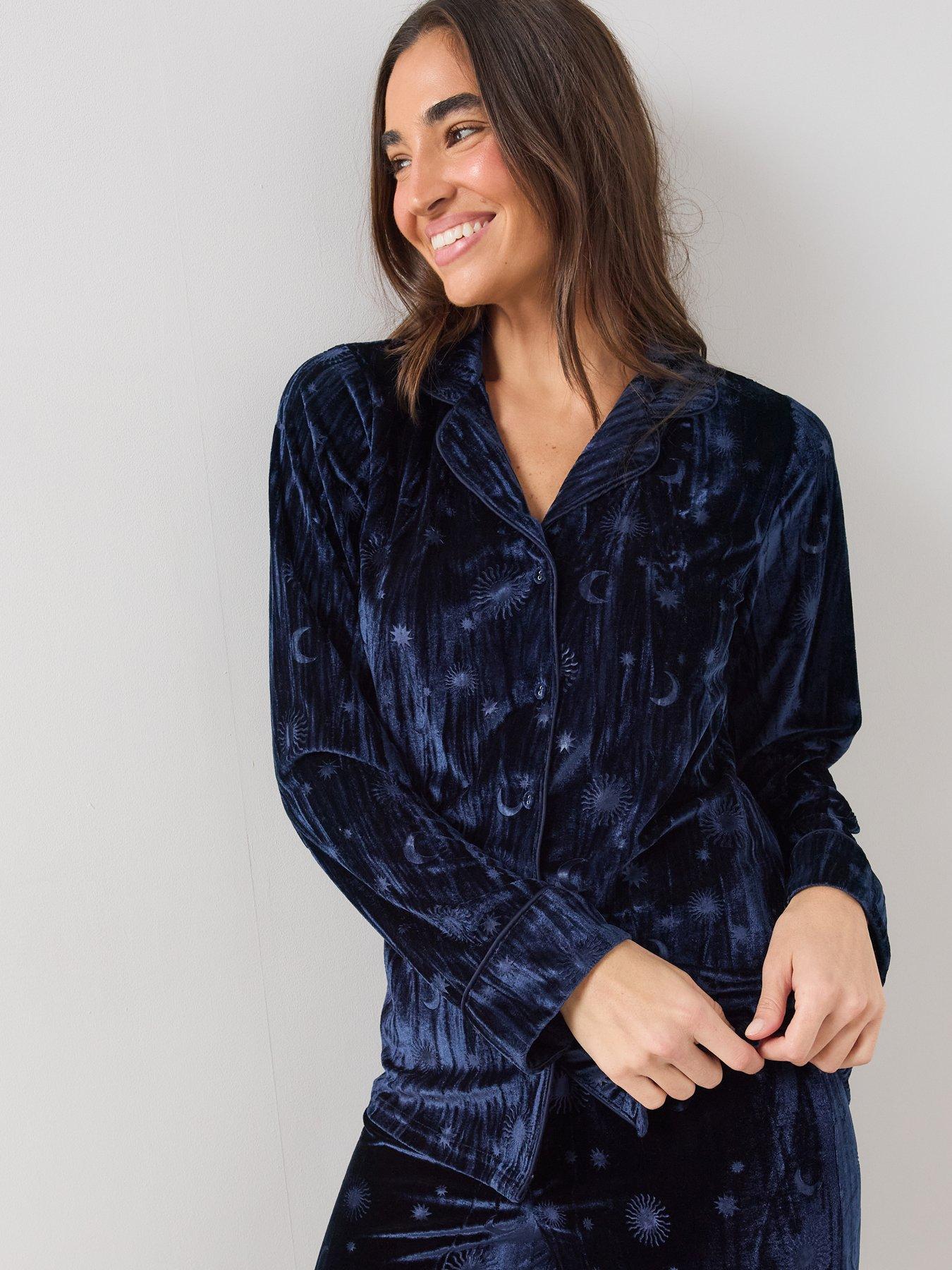 Image 4 of 6 of The Very Collection Velvet Revere Printed Pyjama Set - Navy
