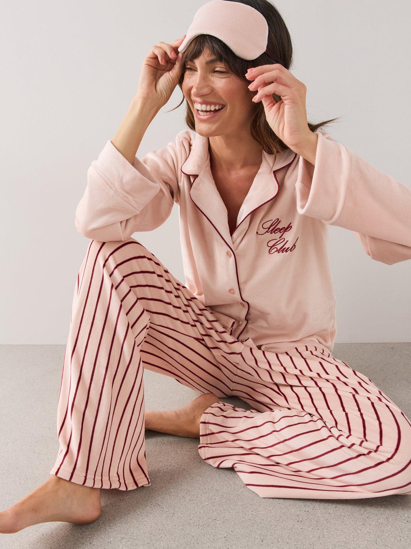 Image 1 of 7 of The Very Collection Fleece Revere Pyjama Set - Pink/Burgundy