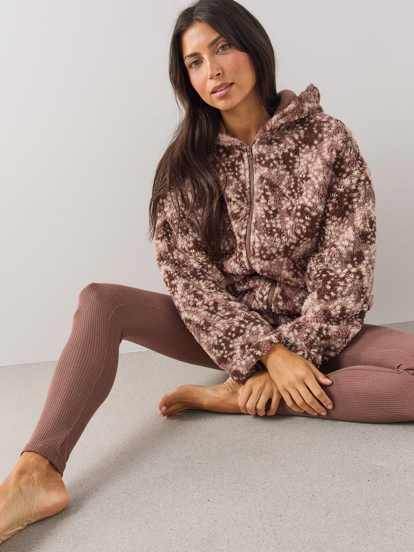 Image 1 of 7 of The Very Collection Zip-Up Bambi Print Borg Loungewear Set - Brown