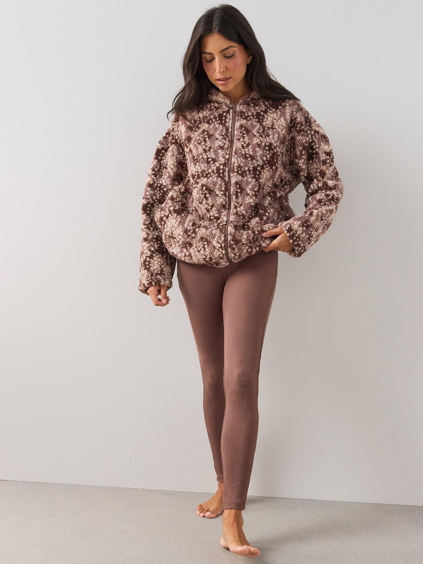Image 4 of 7 of The Very Collection Zip-Up Bambi Print Borg Loungewear Set - Brown