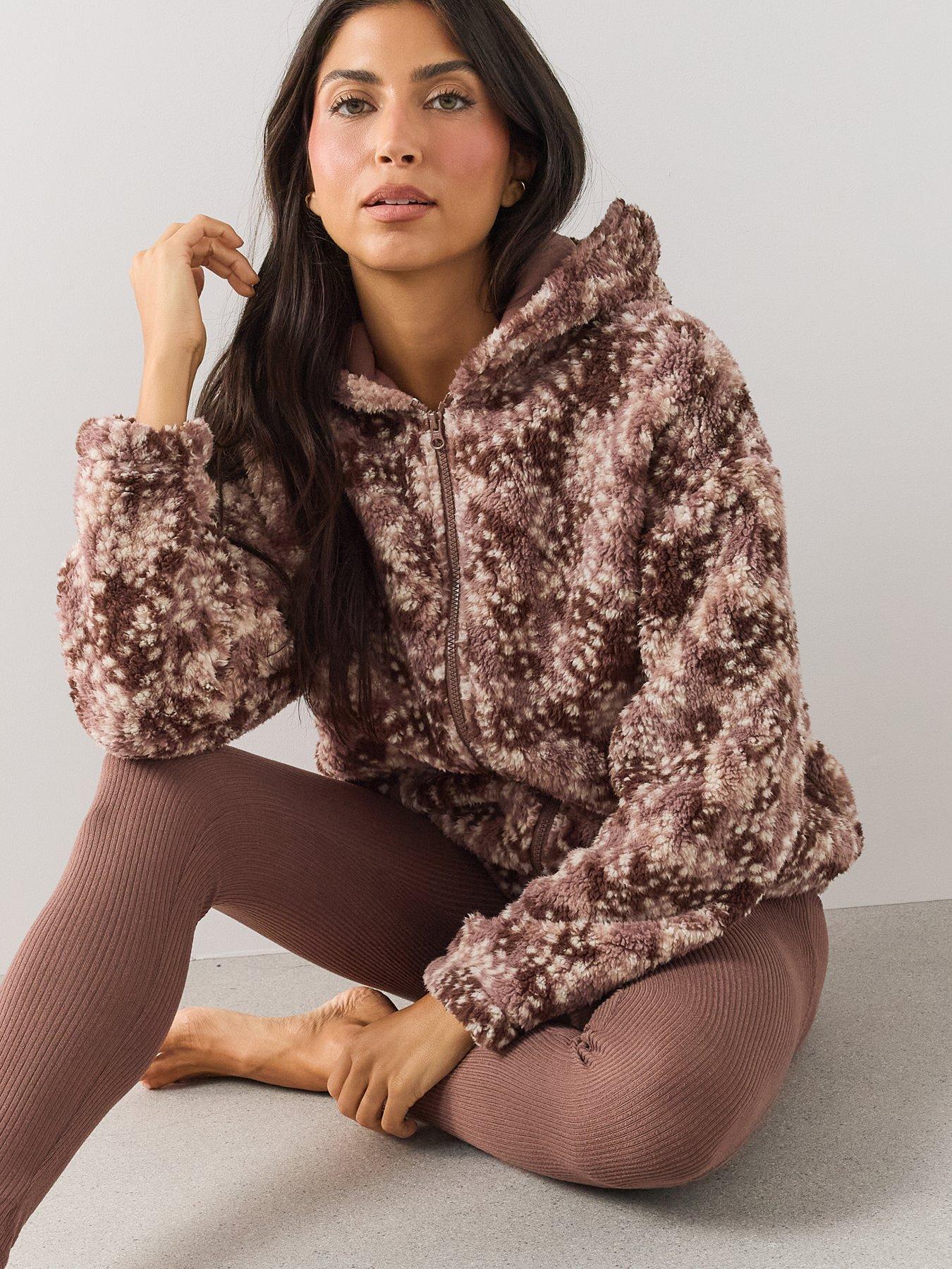 Image 5 of 7 of The Very Collection Zip-Up Bambi Print Borg Loungewear Set - Brown