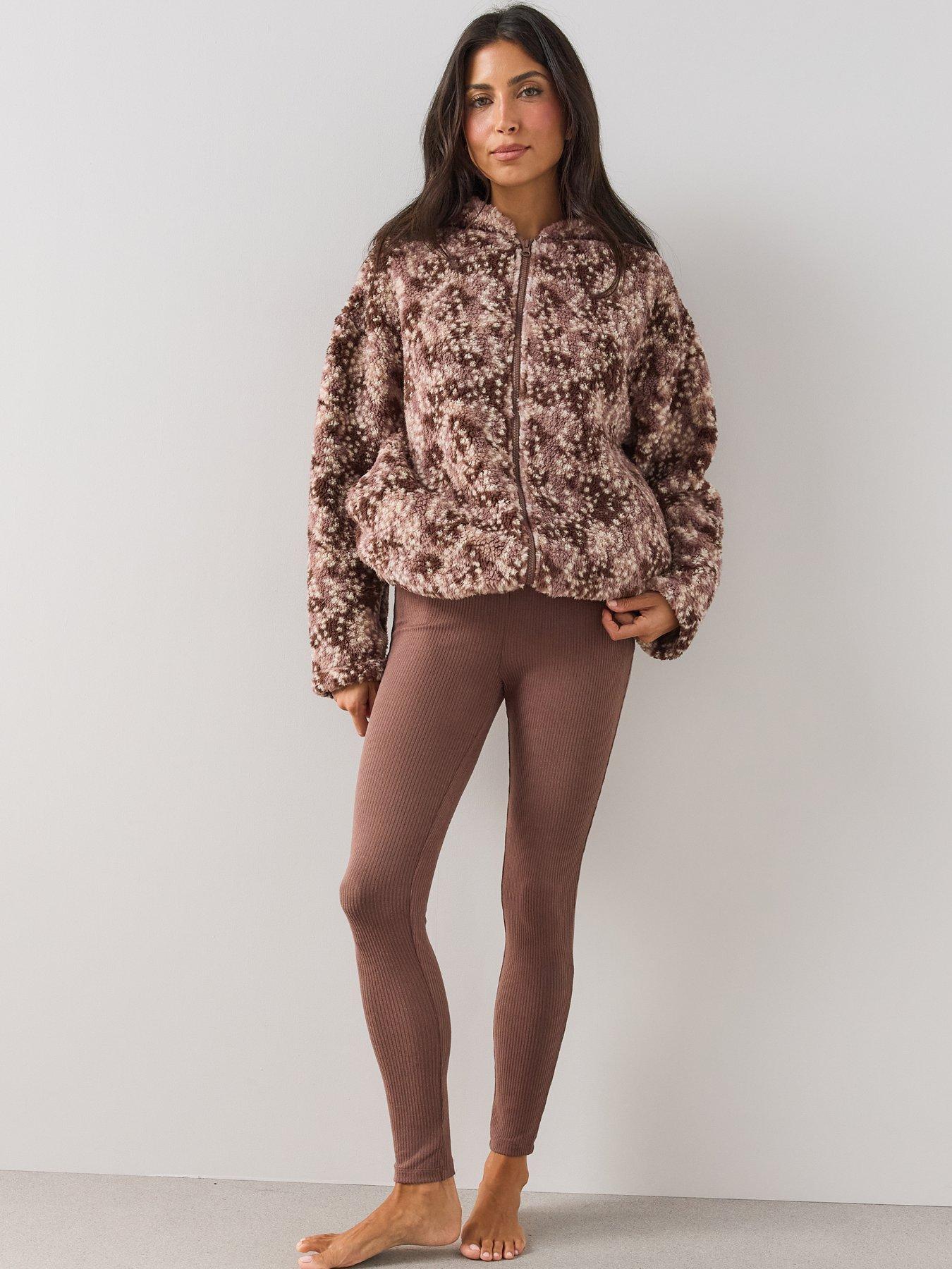 Image 6 of 7 of The Very Collection Zip-Up Bambi Print Borg Loungewear Set - Brown