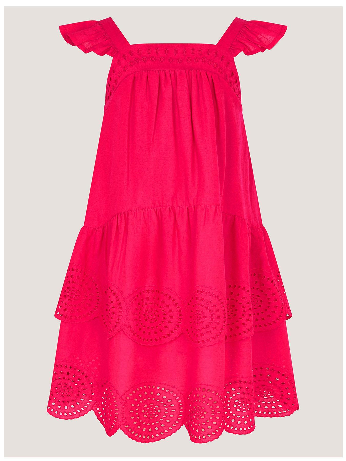 Image 1 of 4 of Monsoon Girls Coastal Broderie Fuschia Dress - Pink