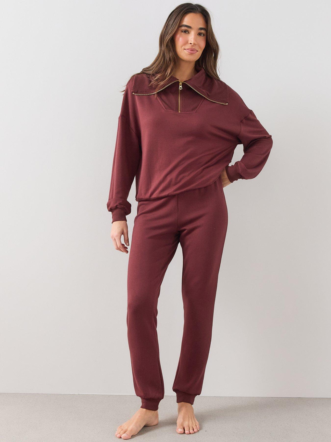 Image 1 of 7 of The Very Collection Half Zip Loungewear Set - Burgundy