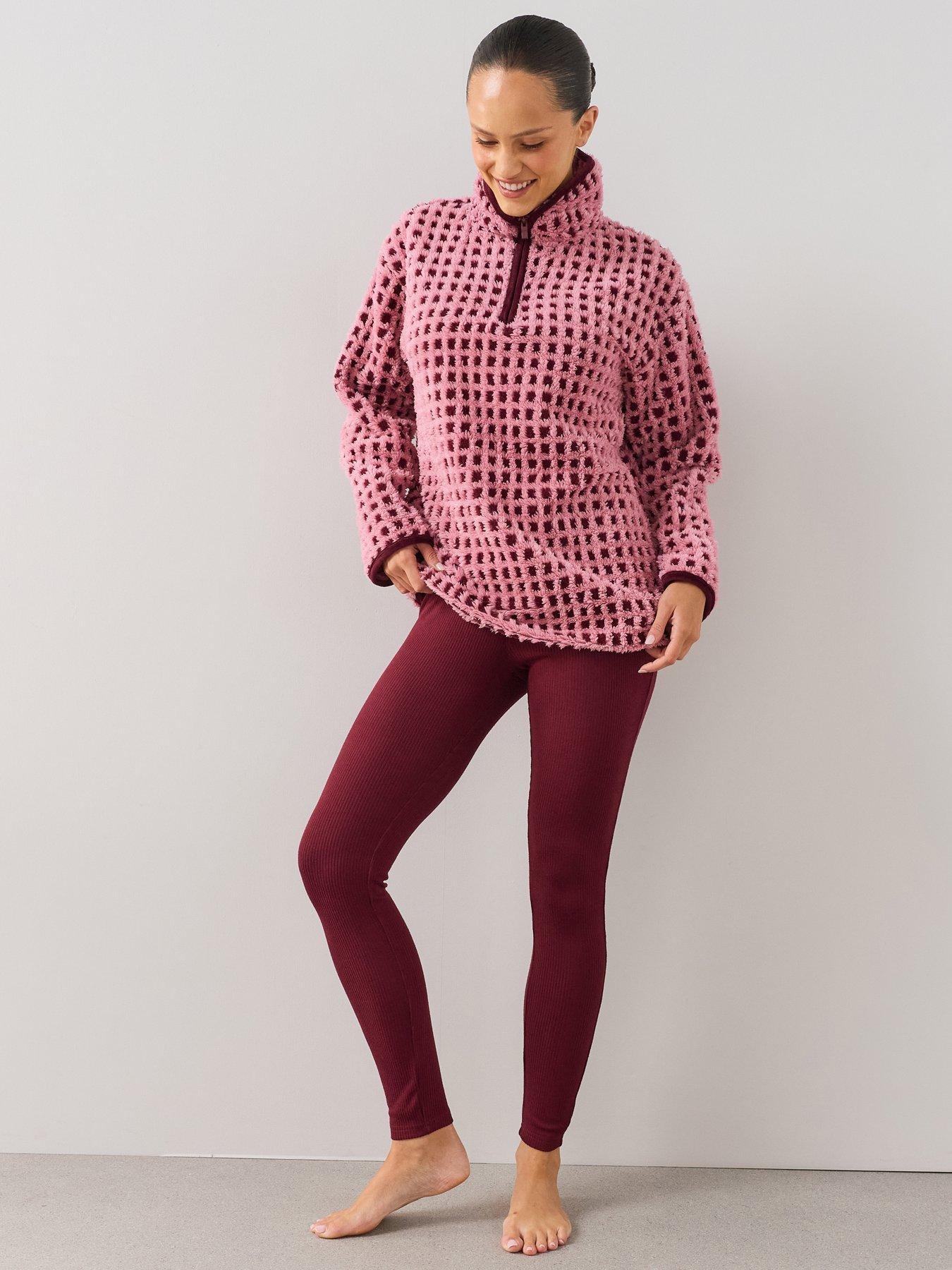 Image 1 of 7 of The Very Collection Borg Fleece Pyjama Set - Pink/Burgundy